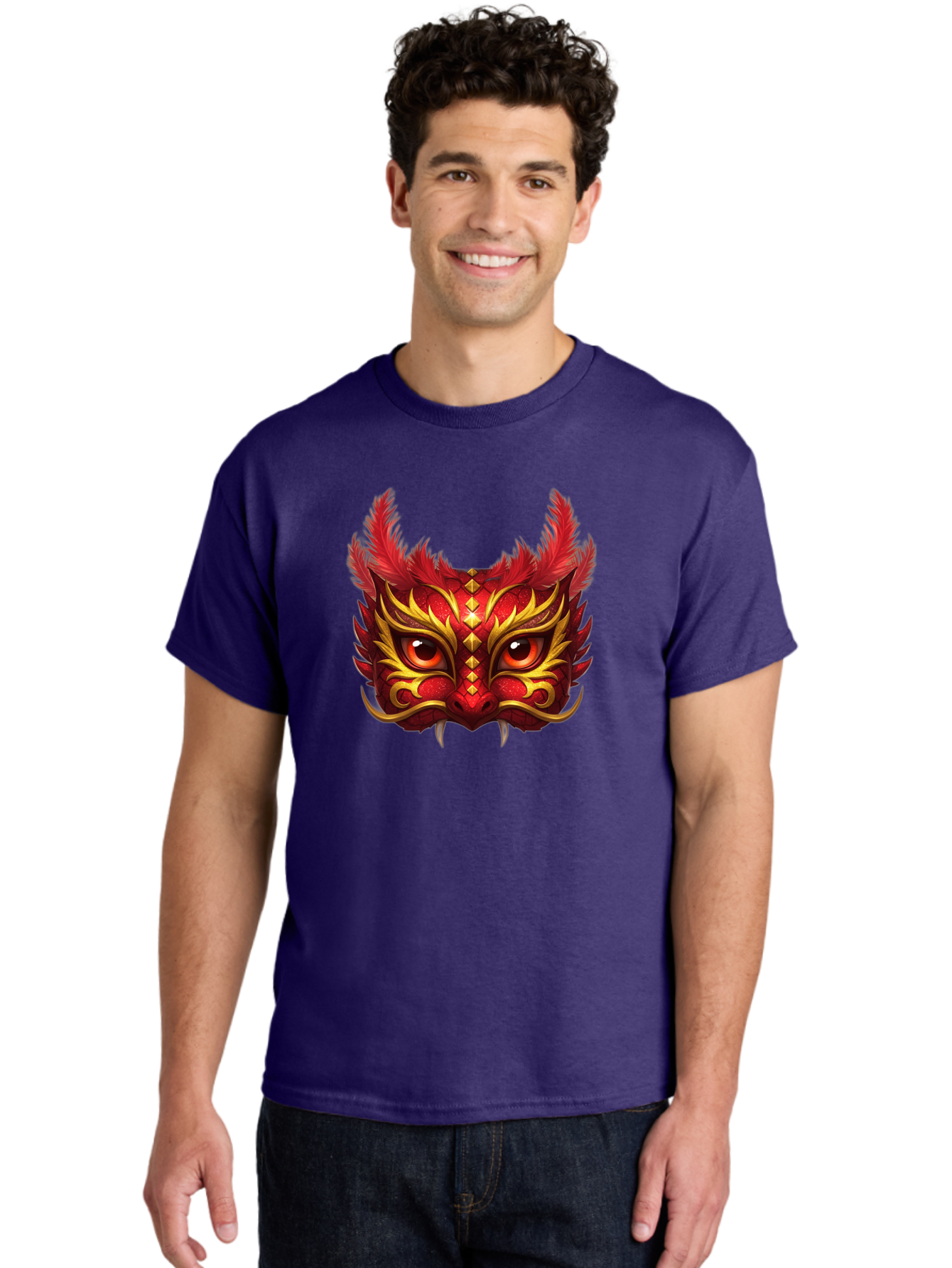 Dragon-Head Men'S Graphic Tee, 100% Cotton, Comfortable Casual Summer Wear, Machine Washable, Red Dragon Face, Gold Accents, Sharp Fangs, Bold Design, Vibrant Red, Mythical Creature, Cultural Symbol, Fierce Expression, Dragon Art Bad057