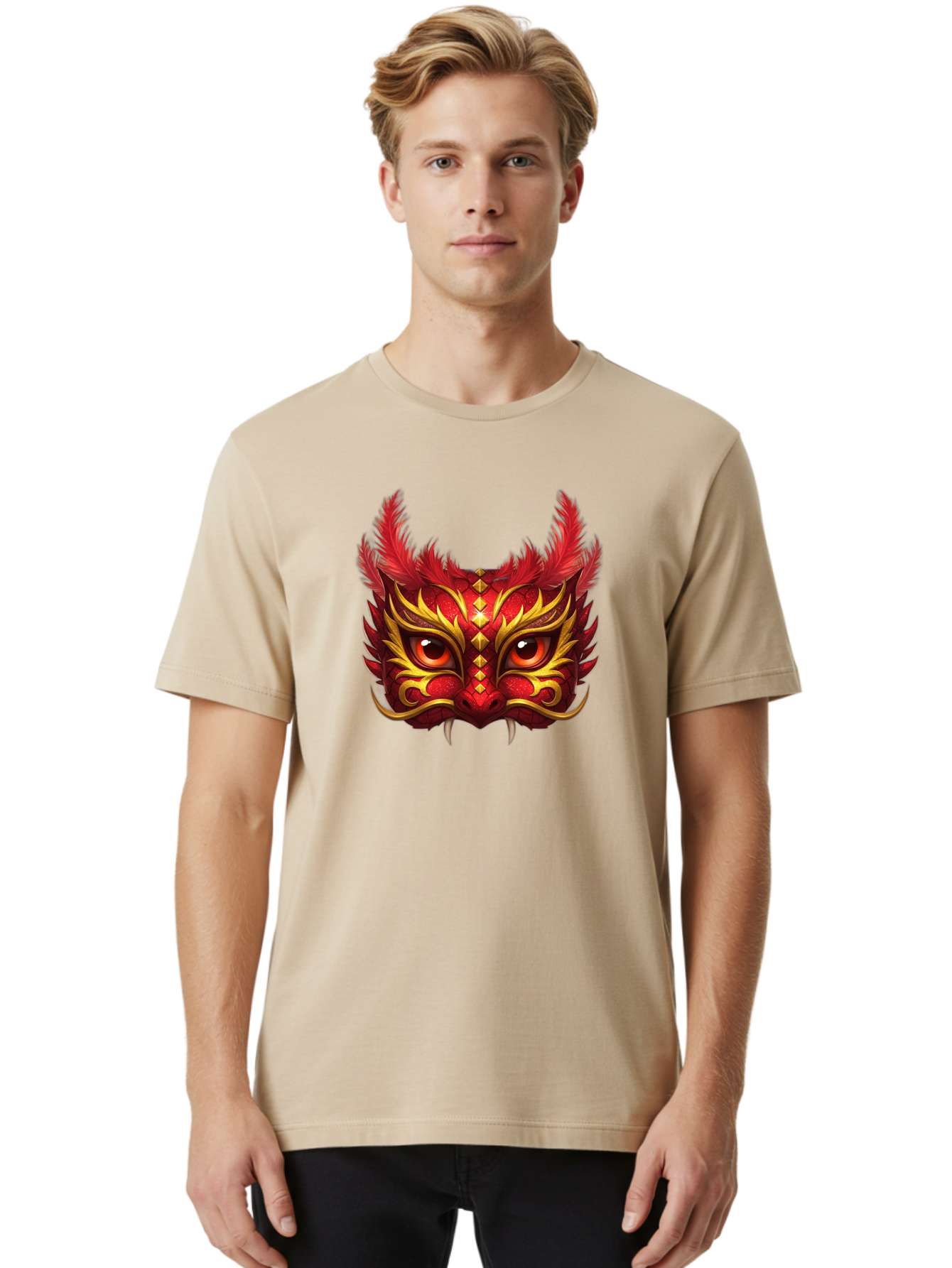 Dragon-Head Men'S Graphic Tee, 100% Cotton, Comfortable Casual Summer Wear, Machine Washable, Red Dragon Face, Gold Accents, Sharp Fangs, Bold Design, Vibrant Red, Mythical Creature, Cultural Symbol, Fierce Expression, Dragon Art Bad057