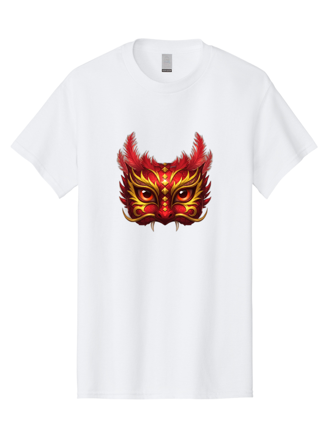 Dragon-Head Men'S Graphic Tee, 100% Cotton, Comfortable Casual Summer Wear, Machine Washable, Red Dragon Face, Gold Accents, Sharp Fangs, Bold Design, Vibrant Red, Mythical Creature, Cultural Symbol, Fierce Expression, Dragon Art Bad057