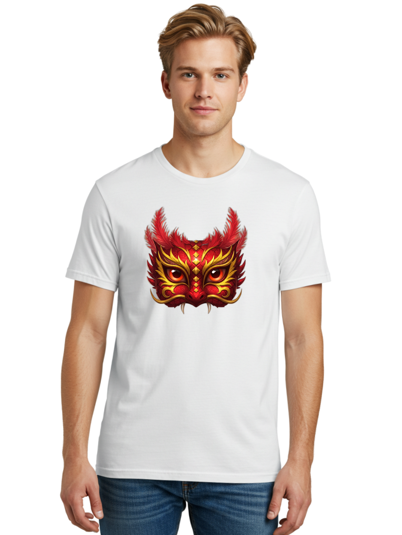 Dragon-Head Men'S Graphic Tee, 100% Cotton, Comfortable Casual Summer Wear, Machine Washable, Red Dragon Face, Gold Accents, Sharp Fangs, Bold Design, Vibrant Red, Mythical Creature, Cultural Symbol, Fierce Expression, Dragon Art Bad057