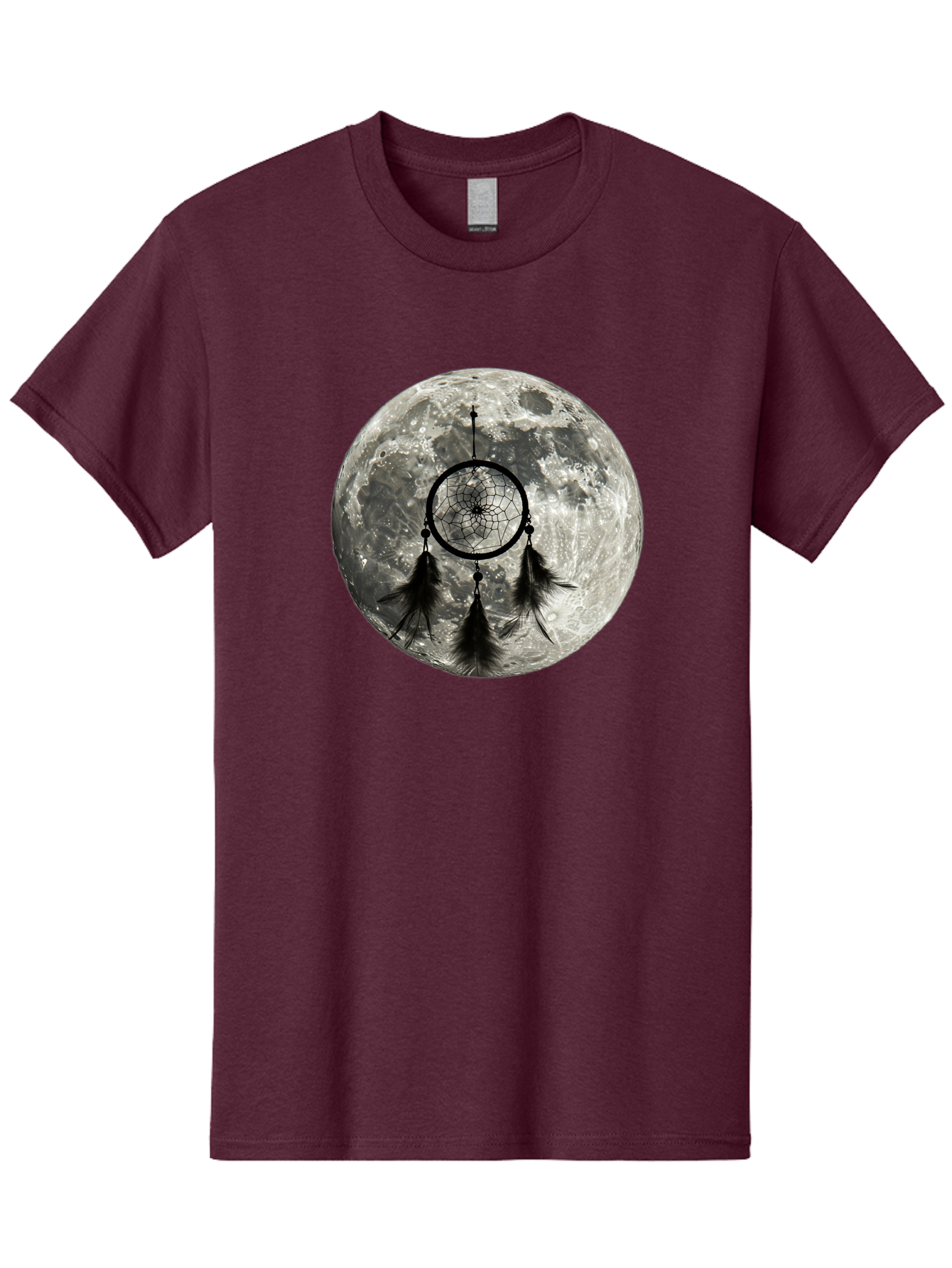 Dreamcatcher-Moon Men'S Graphic Tee, 100% Cotton, Comfortable Casual Summer Wear, Machine Washable, Dreamcatcher With Feathers, Full Moon, Lunar Surface, Mystical Symbol, Spiritual Significance, Black And White, Bohemian Style, Bad058