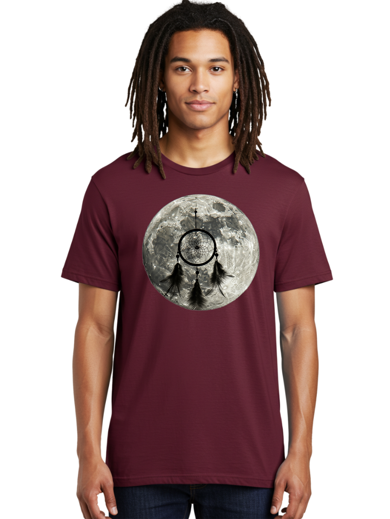 Dreamcatcher-Moon Men'S Graphic Tee, 100% Cotton, Comfortable Casual Summer Wear, Machine Washable, Dreamcatcher With Feathers, Full Moon, Lunar Surface, Mystical Symbol, Spiritual Significance, Black And White, Bohemian Style, Bad058