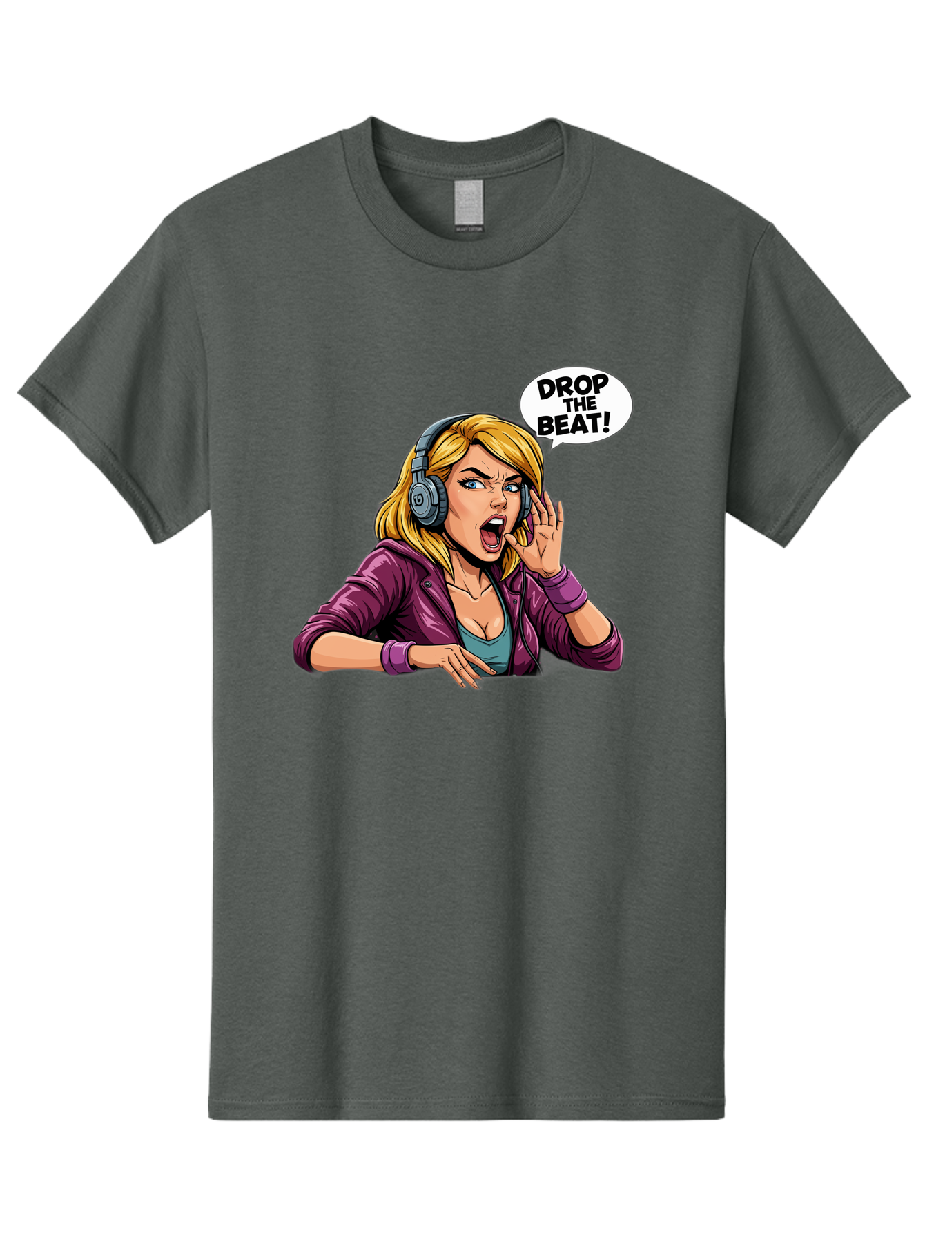 Drop-The-Beat-1 Men'S Graphic Tee, 100% Cotton, Comfortable Casual Summer Wear, Machine Washable, Girl Wearing Headphones, Energetic Music, Drop The Beat, Lively Cartoon Character, Dynamic Illustration, Blonde Woman, Purple Jacket, Bad059
