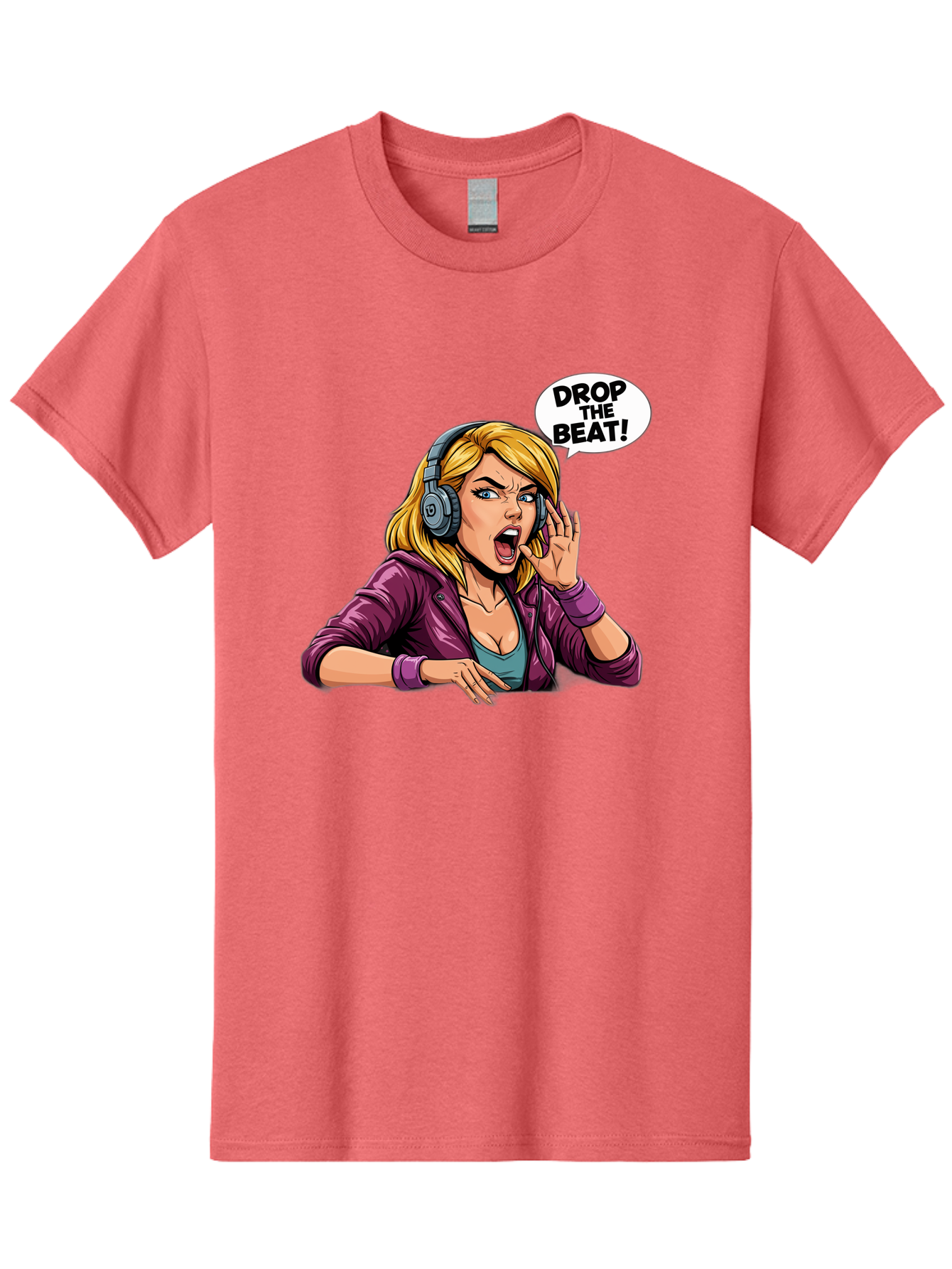 Drop-The-Beat-1 Men'S Graphic Tee, 100% Cotton, Comfortable Casual Summer Wear, Machine Washable, Girl Wearing Headphones, Energetic Music, Drop The Beat, Lively Cartoon Character, Dynamic Illustration, Blonde Woman, Purple Jacket, Bad059