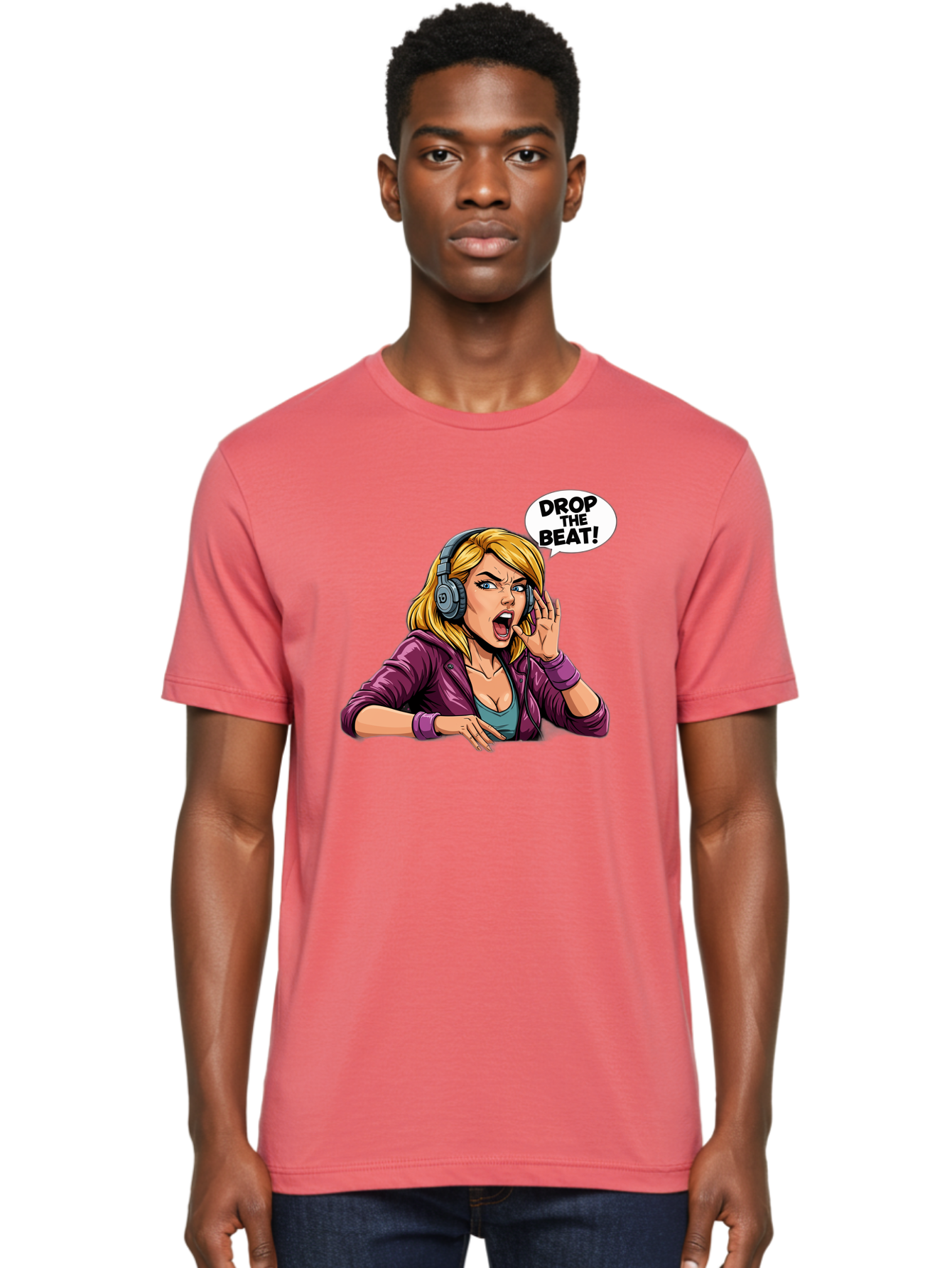 Drop-The-Beat-1 Men'S Graphic Tee, 100% Cotton, Comfortable Casual Summer Wear, Machine Washable, Girl Wearing Headphones, Energetic Music, Drop The Beat, Lively Cartoon Character, Dynamic Illustration, Blonde Woman, Purple Jacket, Bad059