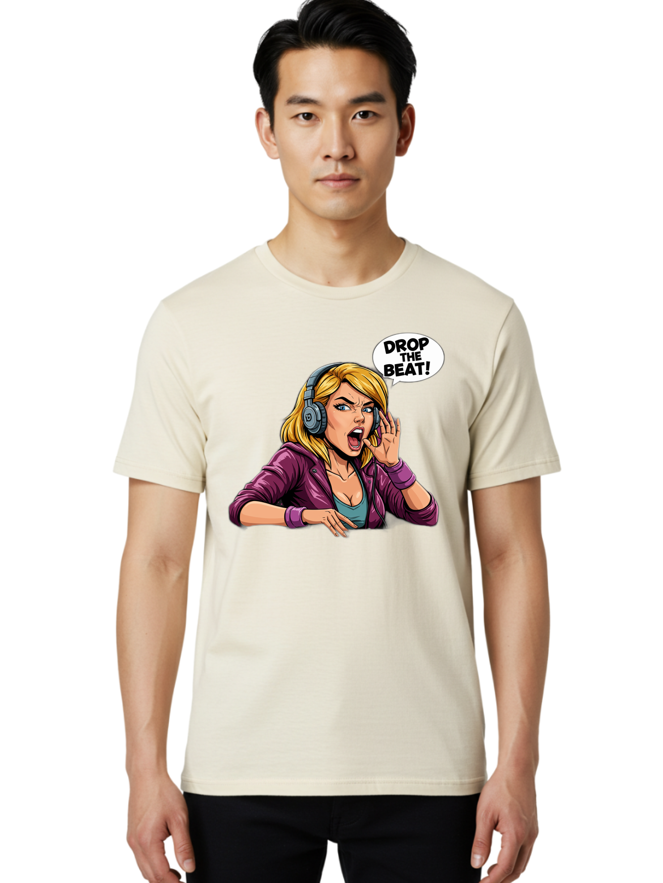 Drop-The-Beat-1 Men'S Graphic Tee, 100% Cotton, Comfortable Casual Summer Wear, Machine Washable, Girl Wearing Headphones, Energetic Music, Drop The Beat, Lively Cartoon Character, Dynamic Illustration, Blonde Woman, Purple Jacket, Bad059