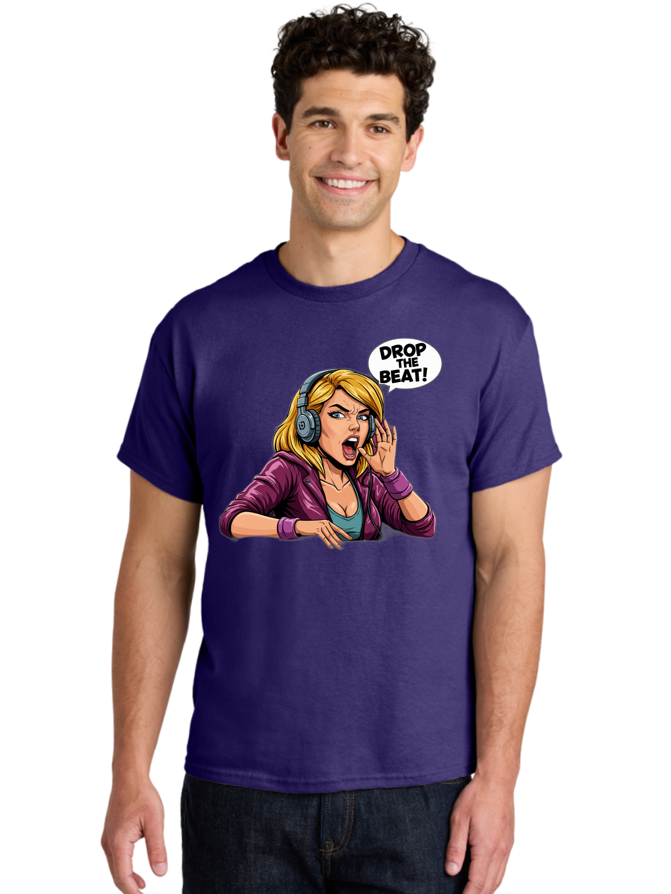 Drop-The-Beat-1 Men'S Graphic Tee, 100% Cotton, Comfortable Casual Summer Wear, Machine Washable, Girl Wearing Headphones, Energetic Music, Drop The Beat, Lively Cartoon Character, Dynamic Illustration, Blonde Woman, Purple Jacket, Bad059