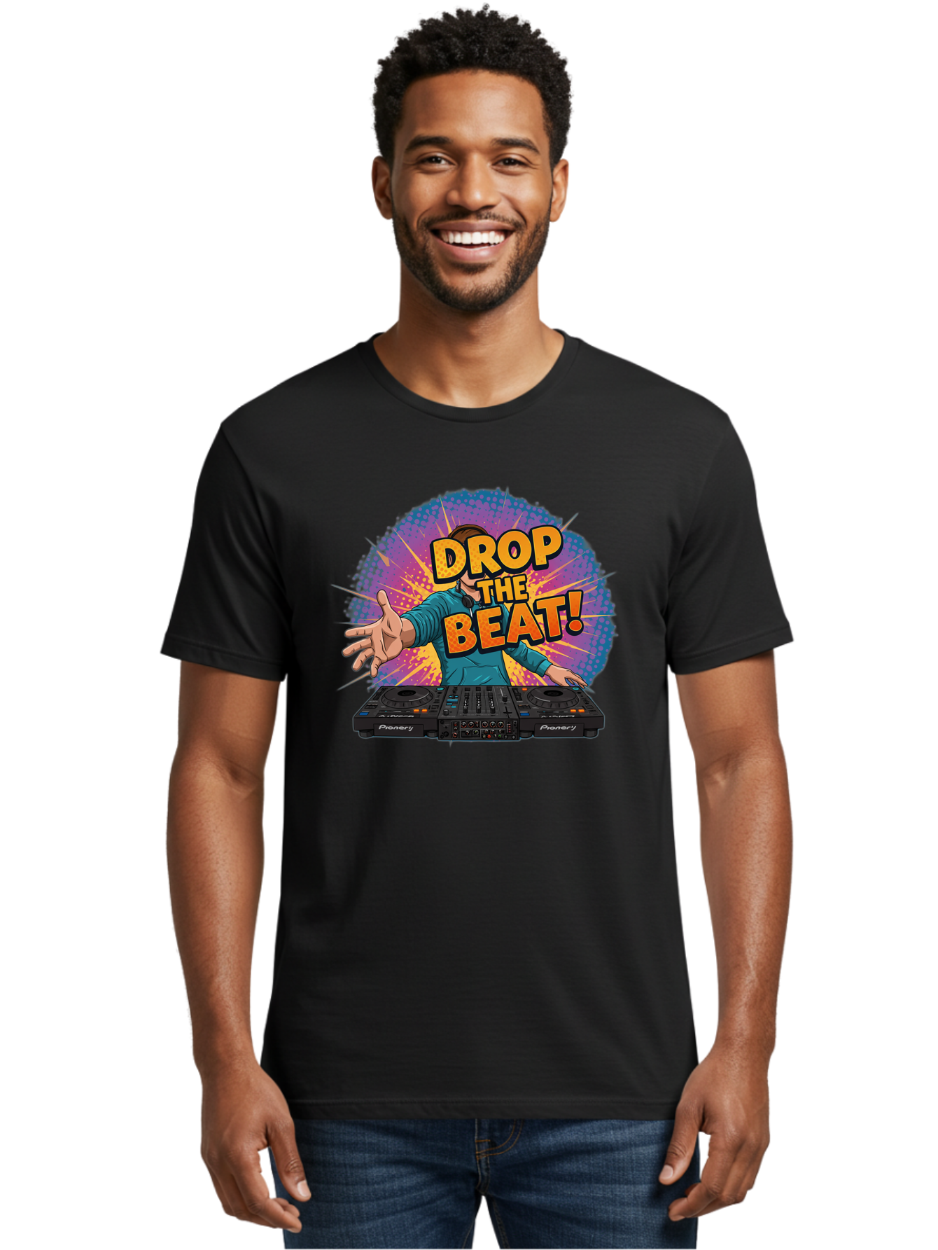 Drop-The-Beat Men'S Graphic Tee, 100% Cotton, Comfortable Casual Summer Wear, Machine Washable, Dj Spinning Tracks, Electronic Dance Music, Party Atmosphere, Club Vibe, Dj Controller, Pionery Equipment, Mixing Beats, Energetic Performance Bad060