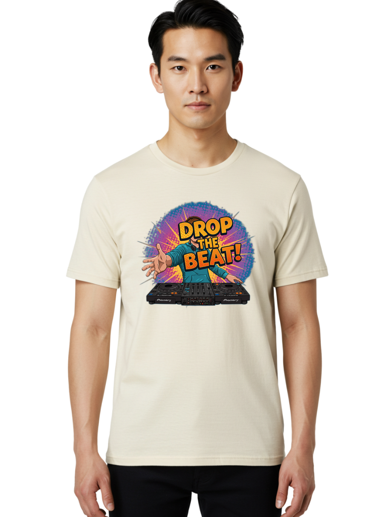 Drop-The-Beat Men'S Graphic Tee, 100% Cotton, Comfortable Casual Summer Wear, Machine Washable, Dj Spinning Tracks, Electronic Dance Music, Party Atmosphere, Club Vibe, Dj Controller, Pionery Equipment, Mixing Beats, Energetic Performance Bad060