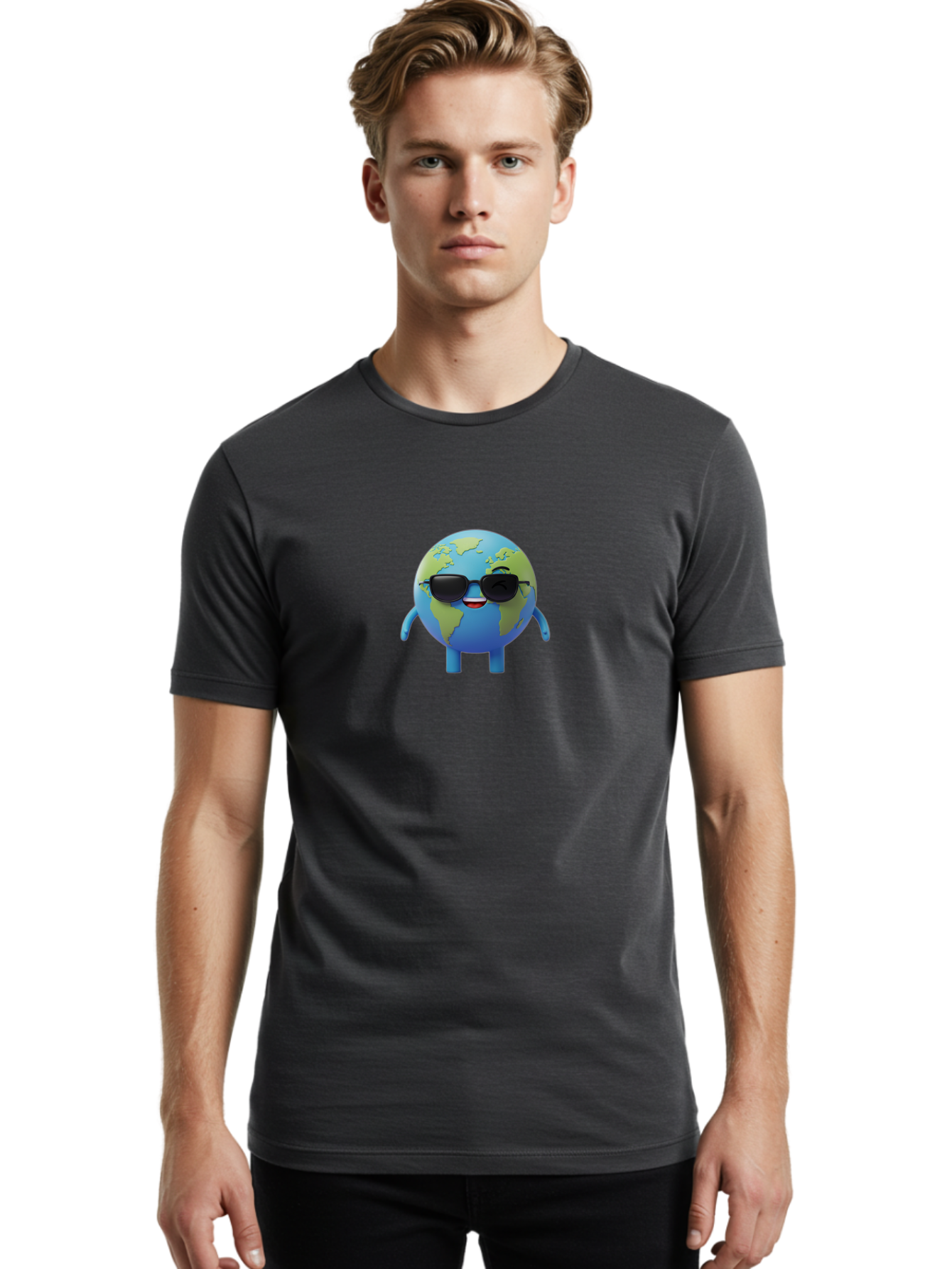 Earth-With-Sunglasses Men'S Graphic Tee, 100% Cotton, Comfortable Casual Summer Wear, Machine Washable, Cartoon Earth, Sunglasses, Smiling Face, Anthropomorphic Globe, Cute Character, Fun Design, Earth Illustration, Quirky Style, Cool Planet, Bad062