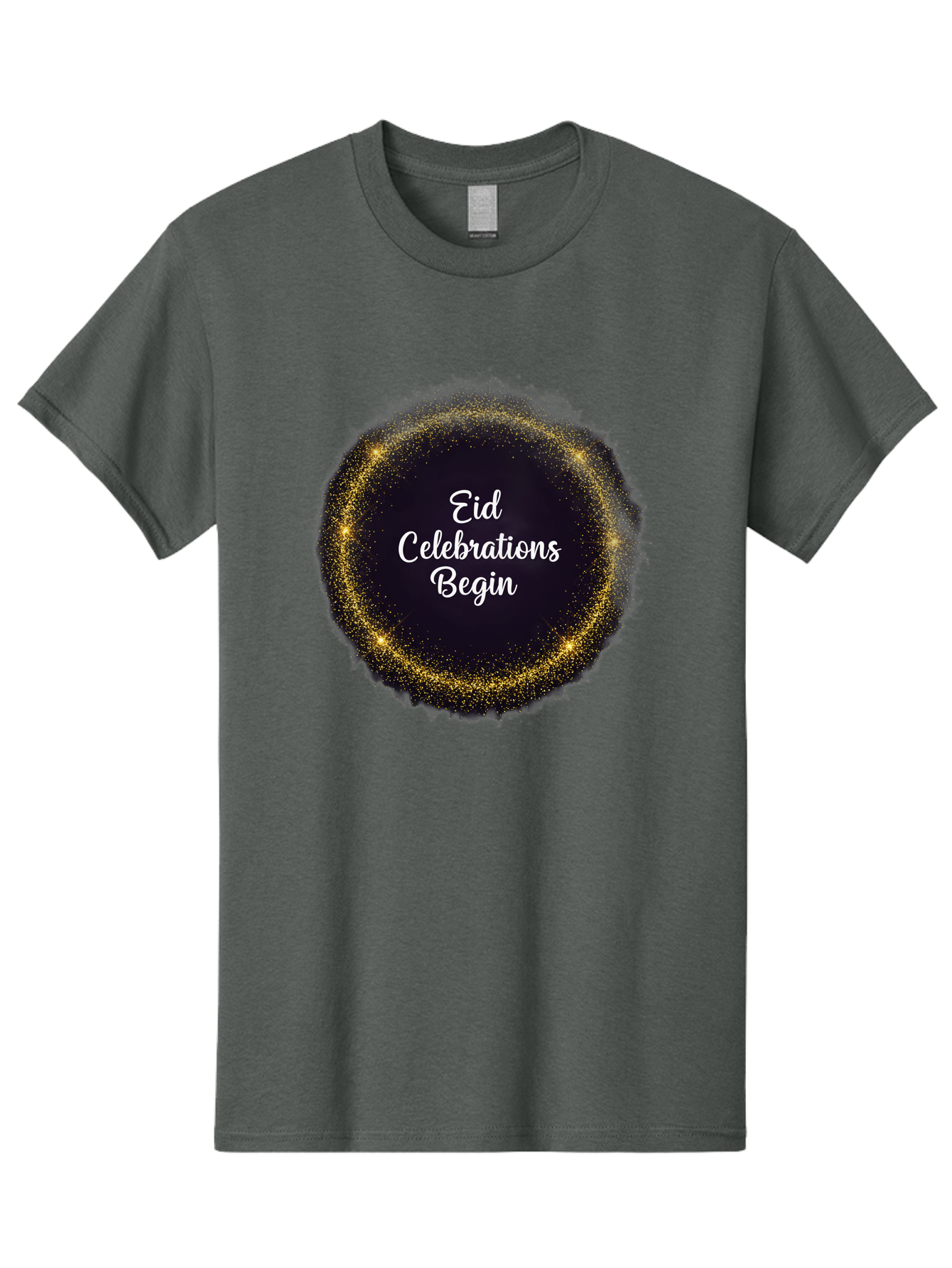 Eid-Celebrations-Begin Men'S Graphic Tee, 100% Cotton, Comfortable Casual Summer Wear, Machine Washable, Eid Celebrations, Festive Greeting, Holiday Wishes, Sparkling Circle, Golden Glitter, Eid Mubarak, Celebration Begins, Joyful Festivities, Bad063