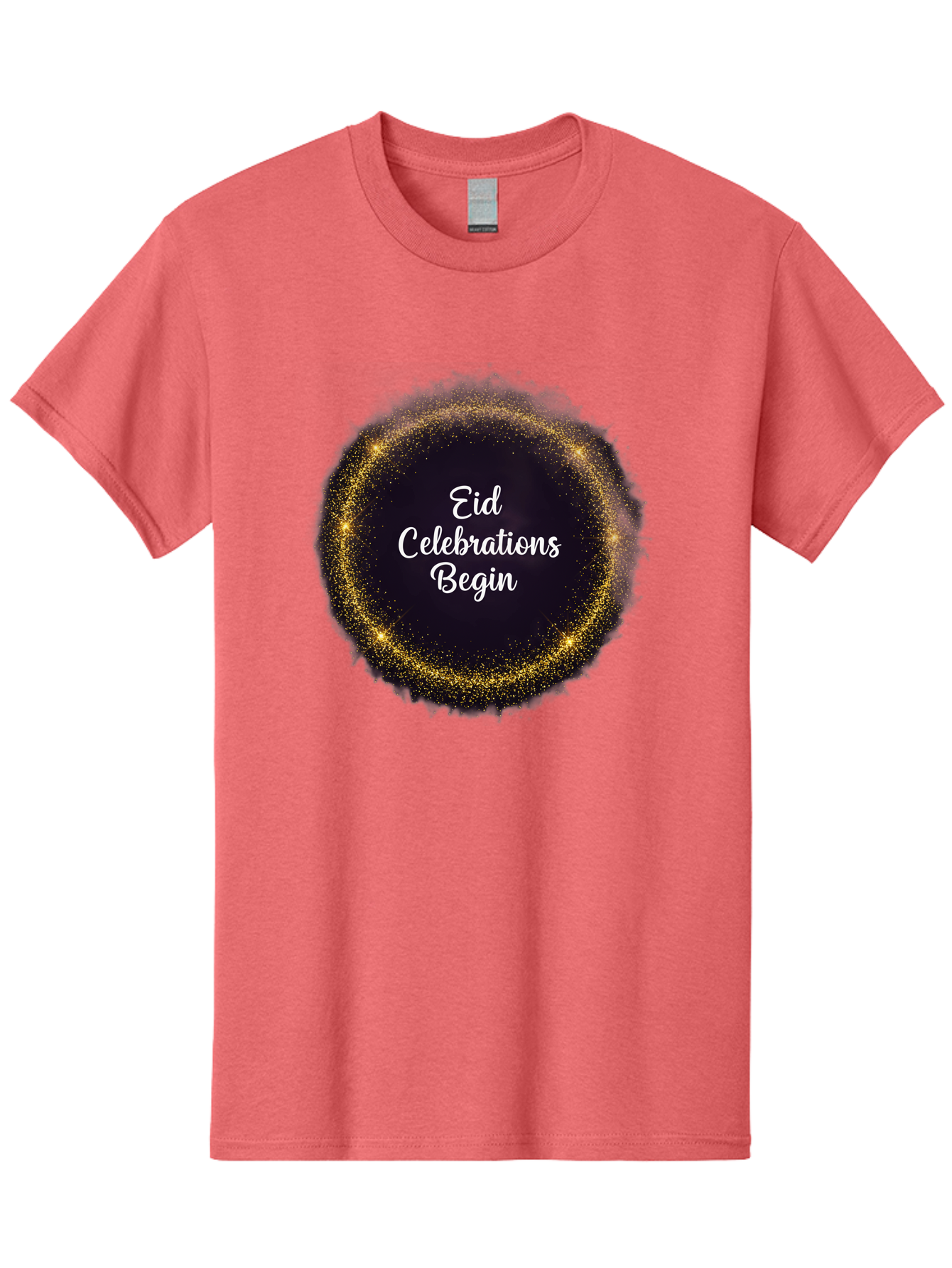 Eid-Celebrations-Begin Men'S Graphic Tee, 100% Cotton, Comfortable Casual Summer Wear, Machine Washable, Eid Celebrations, Festive Greeting, Holiday Wishes, Sparkling Circle, Golden Glitter, Eid Mubarak, Celebration Begins, Joyful Festivities, Bad063