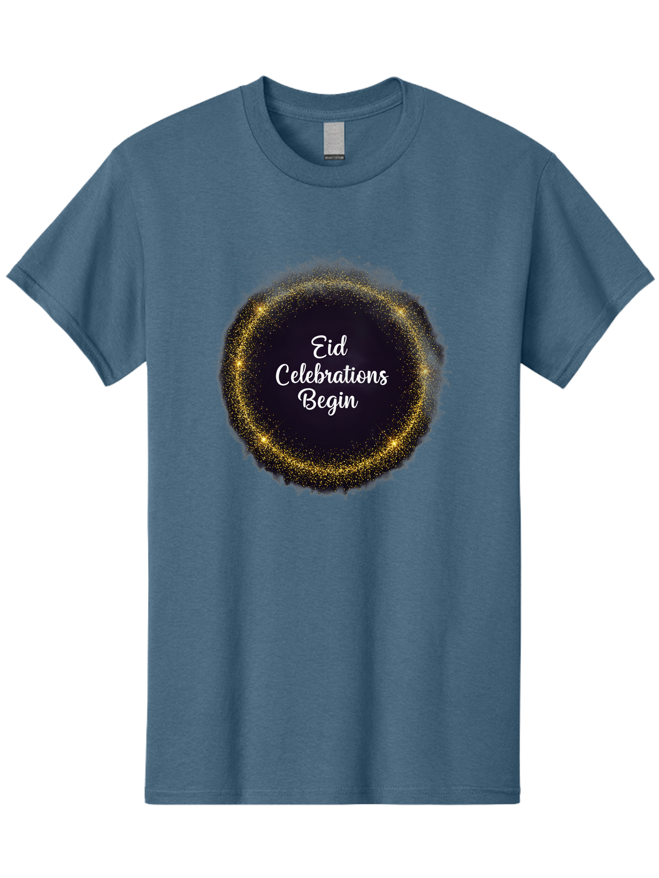 Eid-Celebrations-Begin Men'S Graphic Tee, 100% Cotton, Comfortable Casual Summer Wear, Machine Washable, Eid Celebrations, Festive Greeting, Holiday Wishes, Sparkling Circle, Golden Glitter, Eid Mubarak, Celebration Begins, Joyful Festivities, Bad063