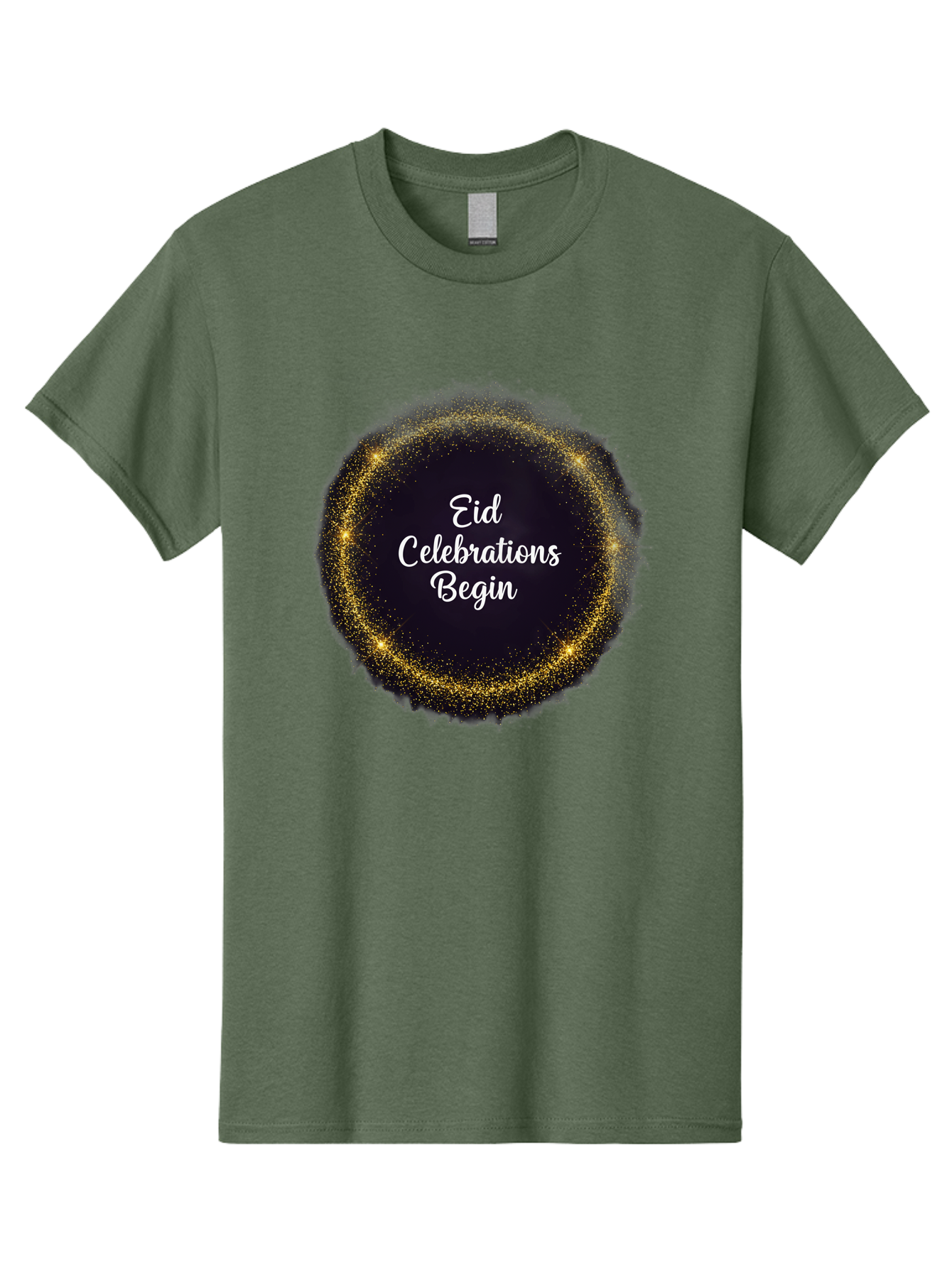 Eid-Celebrations-Begin Men'S Graphic Tee, 100% Cotton, Comfortable Casual Summer Wear, Machine Washable, Eid Celebrations, Festive Greeting, Holiday Wishes, Sparkling Circle, Golden Glitter, Eid Mubarak, Celebration Begins, Joyful Festivities, Bad063