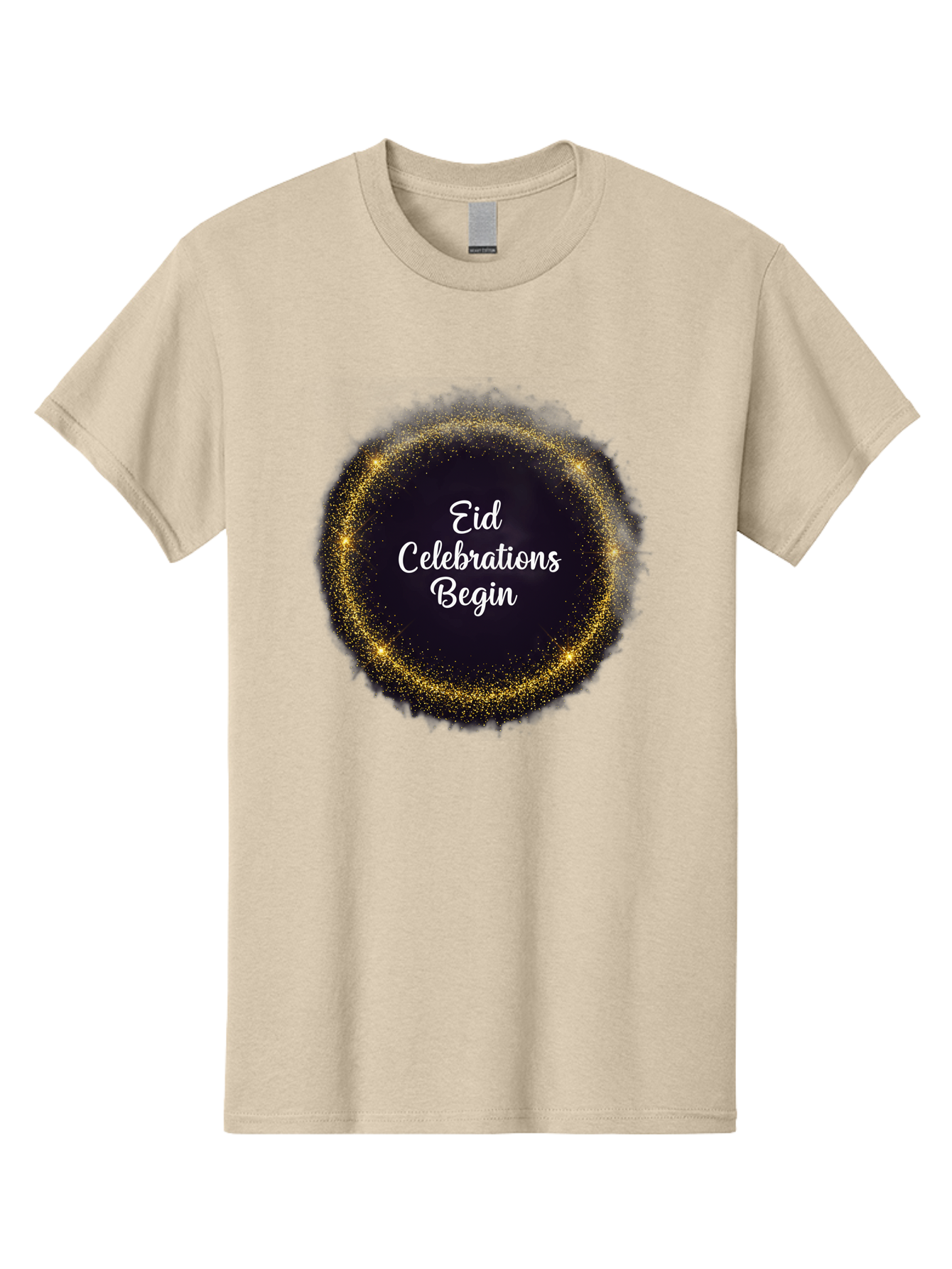 Eid-Celebrations-Begin Men'S Graphic Tee, 100% Cotton, Comfortable Casual Summer Wear, Machine Washable, Eid Celebrations, Festive Greeting, Holiday Wishes, Sparkling Circle, Golden Glitter, Eid Mubarak, Celebration Begins, Joyful Festivities, Bad063