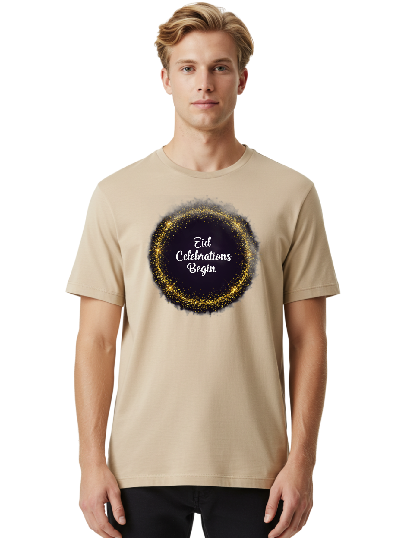 Eid-Celebrations-Begin Men'S Graphic Tee, 100% Cotton, Comfortable Casual Summer Wear, Machine Washable, Eid Celebrations, Festive Greeting, Holiday Wishes, Sparkling Circle, Golden Glitter, Eid Mubarak, Celebration Begins, Joyful Festivities, Bad063