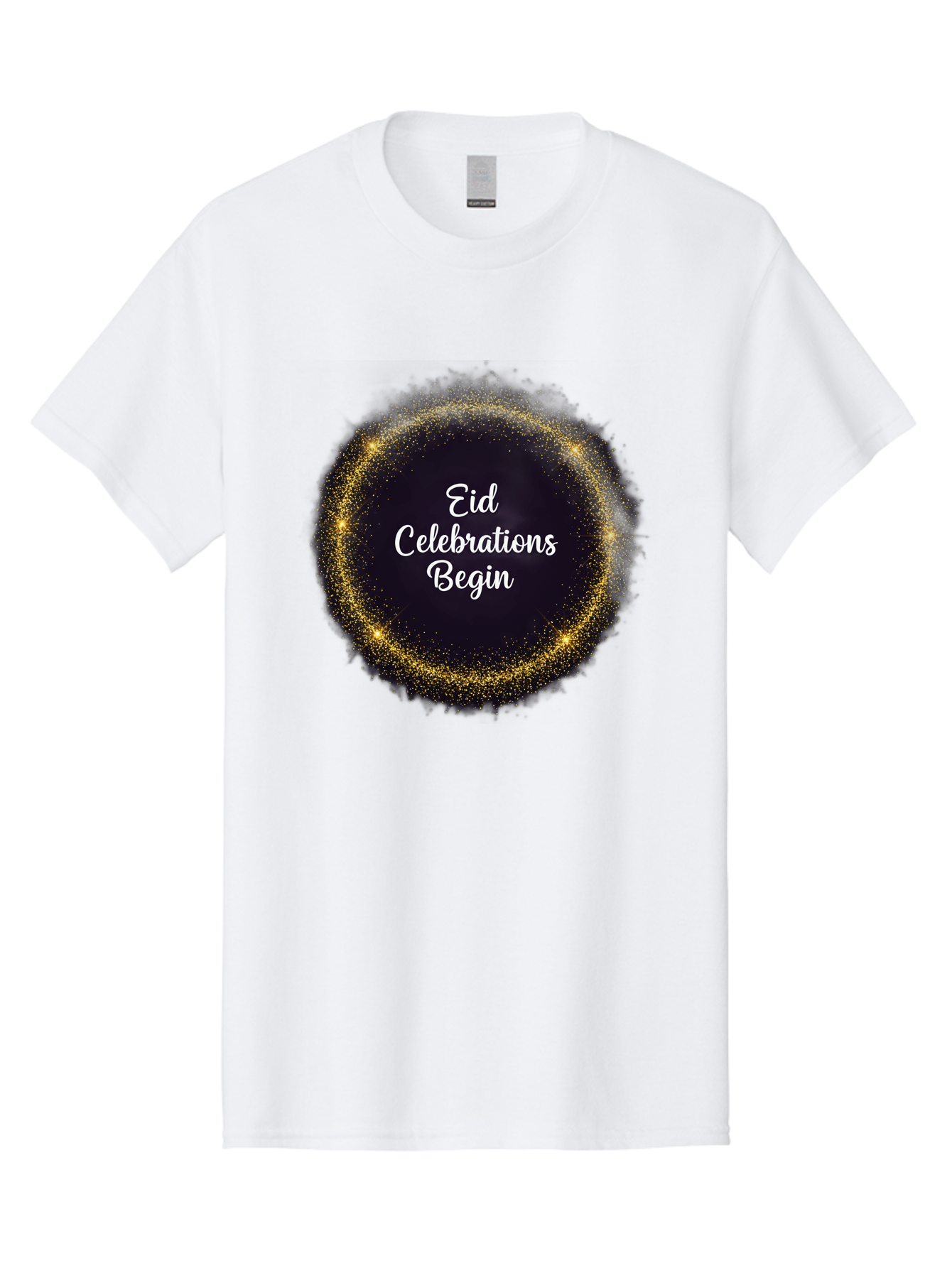 Eid-Celebrations-Begin Men'S Graphic Tee, 100% Cotton, Comfortable Casual Summer Wear, Machine Washable, Eid Celebrations, Festive Greeting, Holiday Wishes, Sparkling Circle, Golden Glitter, Eid Mubarak, Celebration Begins, Joyful Festivities, Bad063