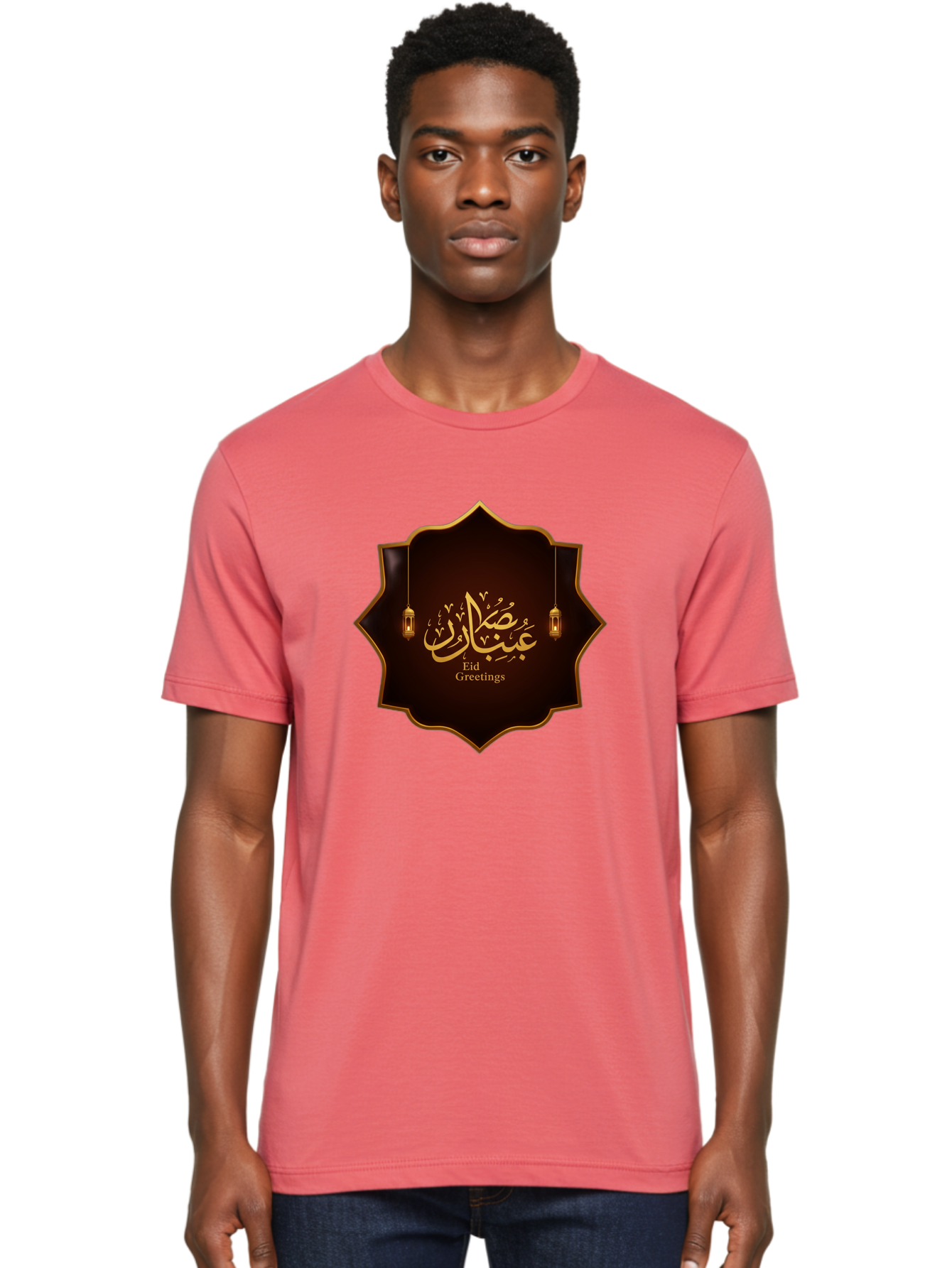 Eid-Greetings Men'S Graphic Tee, 100% Cotton, Comfortable Casual Summer Wear, Machine Washable, Eid Mubarak Greetings, Islamic Calligraphy, Golden Ornaments, Hanging Lanterns, Traditional Celebrations, Eid Wishes, Muslim Festival Bad064