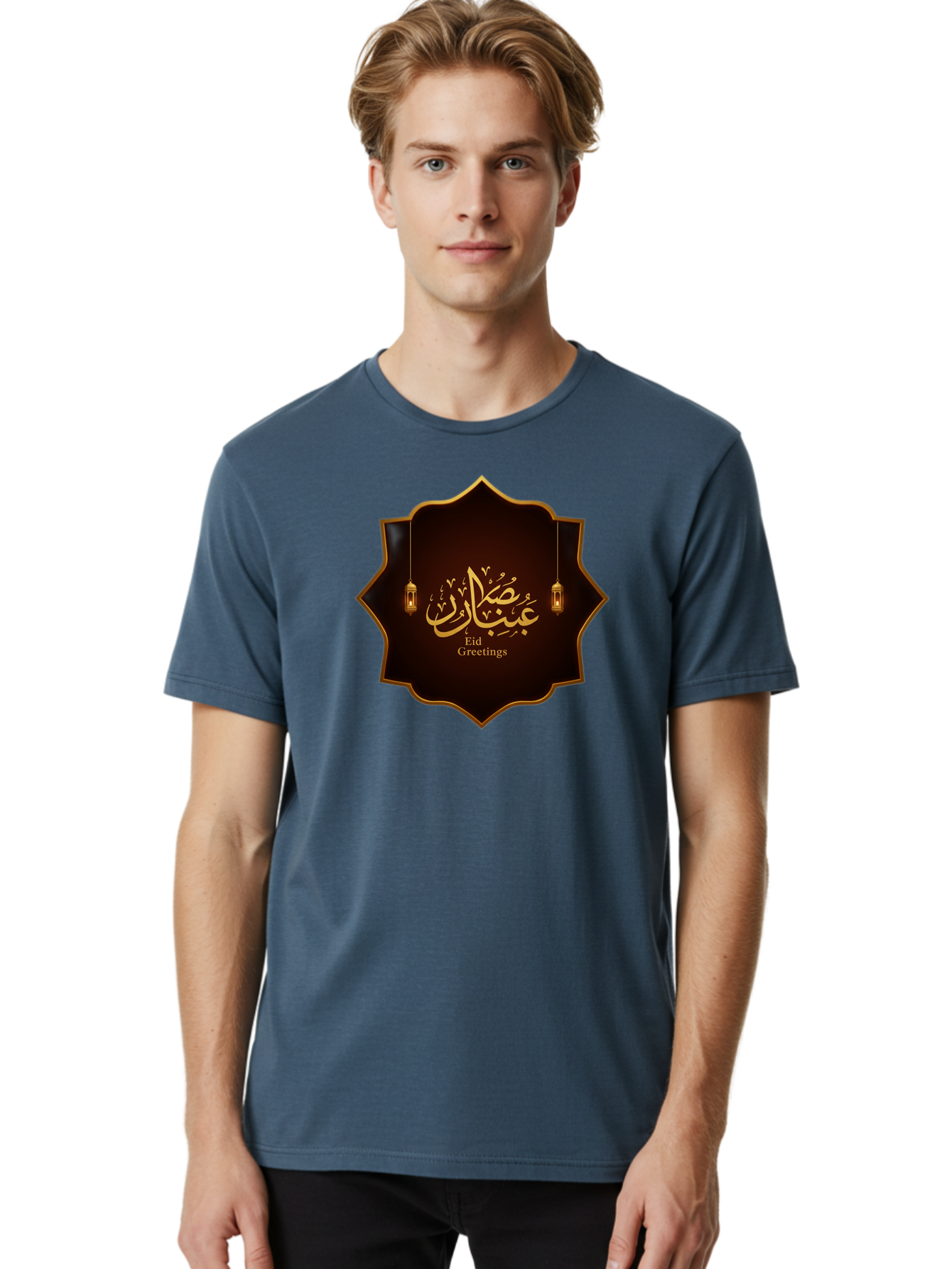Eid-Greetings Men'S Graphic Tee, 100% Cotton, Comfortable Casual Summer Wear, Machine Washable, Eid Mubarak Greetings, Islamic Calligraphy, Golden Ornaments, Hanging Lanterns, Traditional Celebrations, Eid Wishes, Muslim Festival Bad064