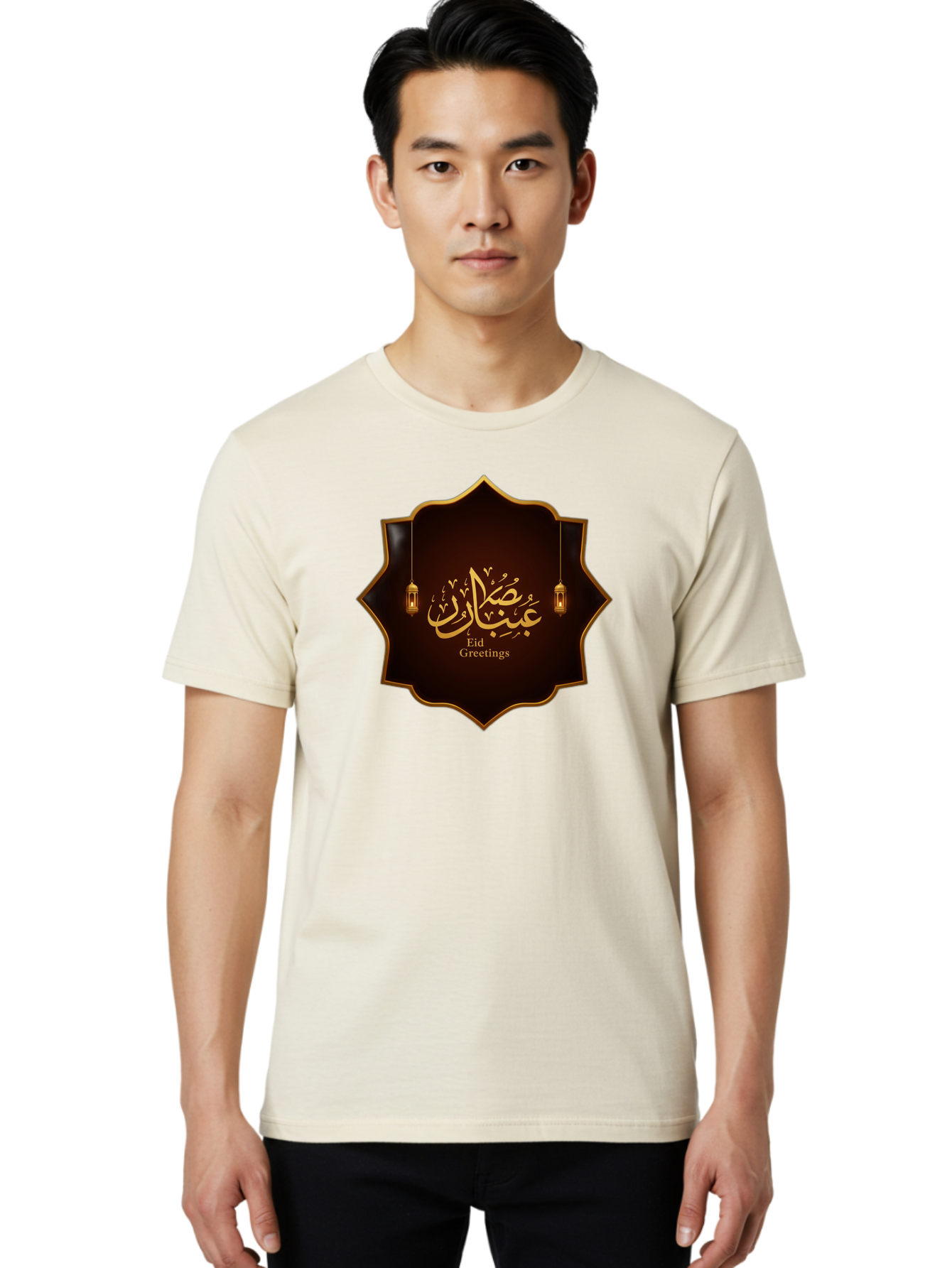 Eid-Greetings Men'S Graphic Tee, 100% Cotton, Comfortable Casual Summer Wear, Machine Washable, Eid Mubarak Greetings, Islamic Calligraphy, Golden Ornaments, Hanging Lanterns, Traditional Celebrations, Eid Wishes, Muslim Festival Bad064