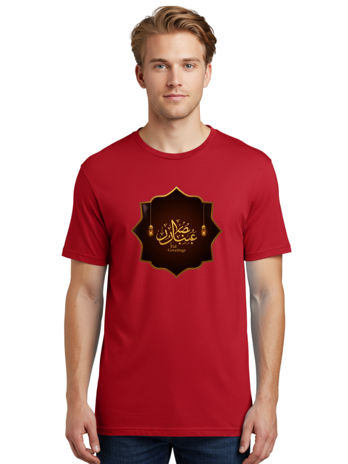 Eid-Greetings Men'S Graphic Tee, 100% Cotton, Comfortable Casual Summer Wear, Machine Washable, Eid Mubarak Greetings, Islamic Calligraphy, Golden Ornaments, Hanging Lanterns, Traditional Celebrations, Eid Wishes, Muslim Festival Bad064