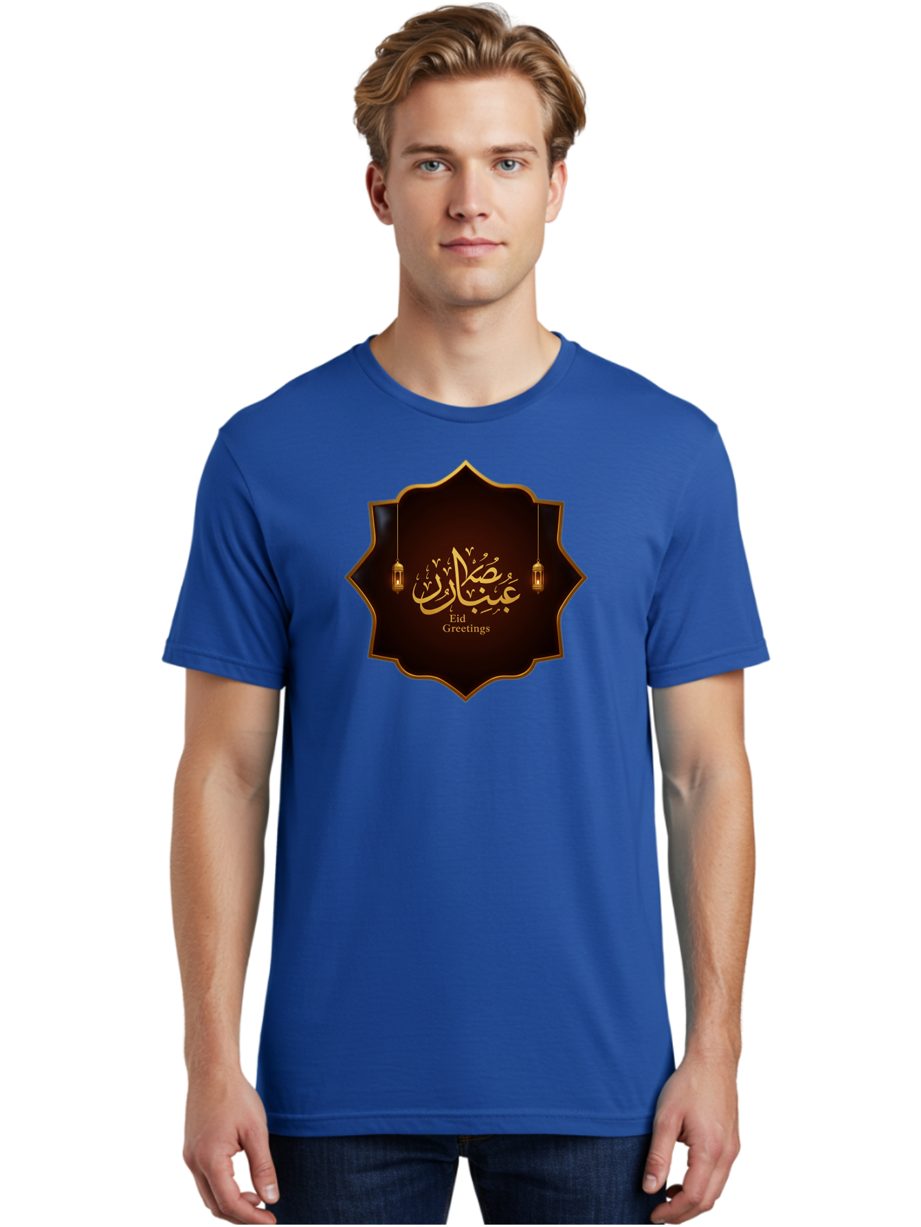 Eid-Greetings Men'S Graphic Tee, 100% Cotton, Comfortable Casual Summer Wear, Machine Washable, Eid Mubarak Greetings, Islamic Calligraphy, Golden Ornaments, Hanging Lanterns, Traditional Celebrations, Eid Wishes, Muslim Festival Bad064