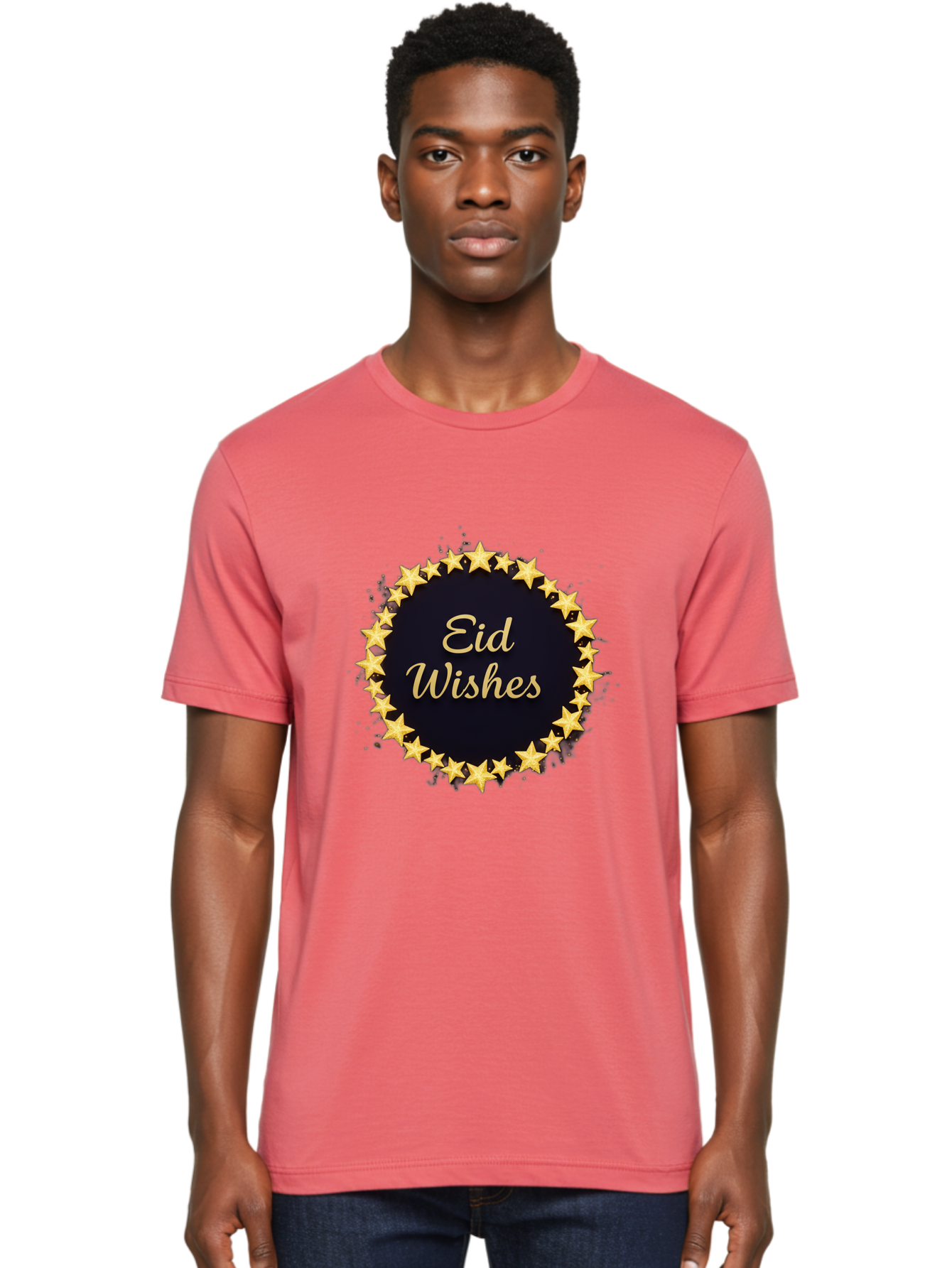 Eid-Wishes Men'S Graphic Tee, 100% Cotton, Comfortable Casual Summer Wear, Machine Washable, Eid Wishes, Festive Greeting, Golden Stars, Celebration, Holiday Wishes, Islamic Festival, Eid Mubarak, Starry Design, Elegant Font, Gold Stars Bad066
