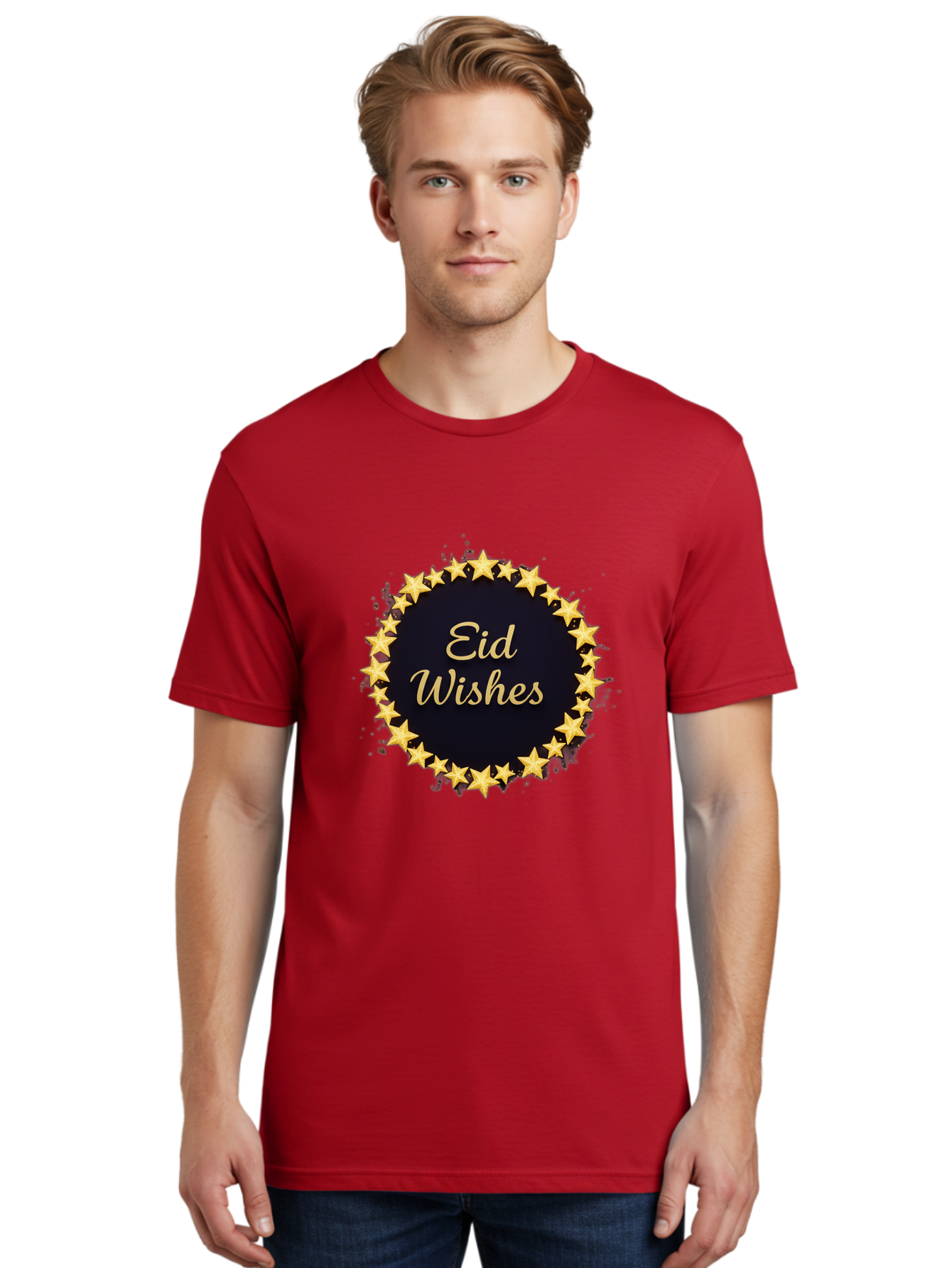 Eid-Wishes Men'S Graphic Tee, 100% Cotton, Comfortable Casual Summer Wear, Machine Washable, Eid Wishes, Festive Greeting, Golden Stars, Celebration, Holiday Wishes, Islamic Festival, Eid Mubarak, Starry Design, Elegant Font, Gold Stars Bad066