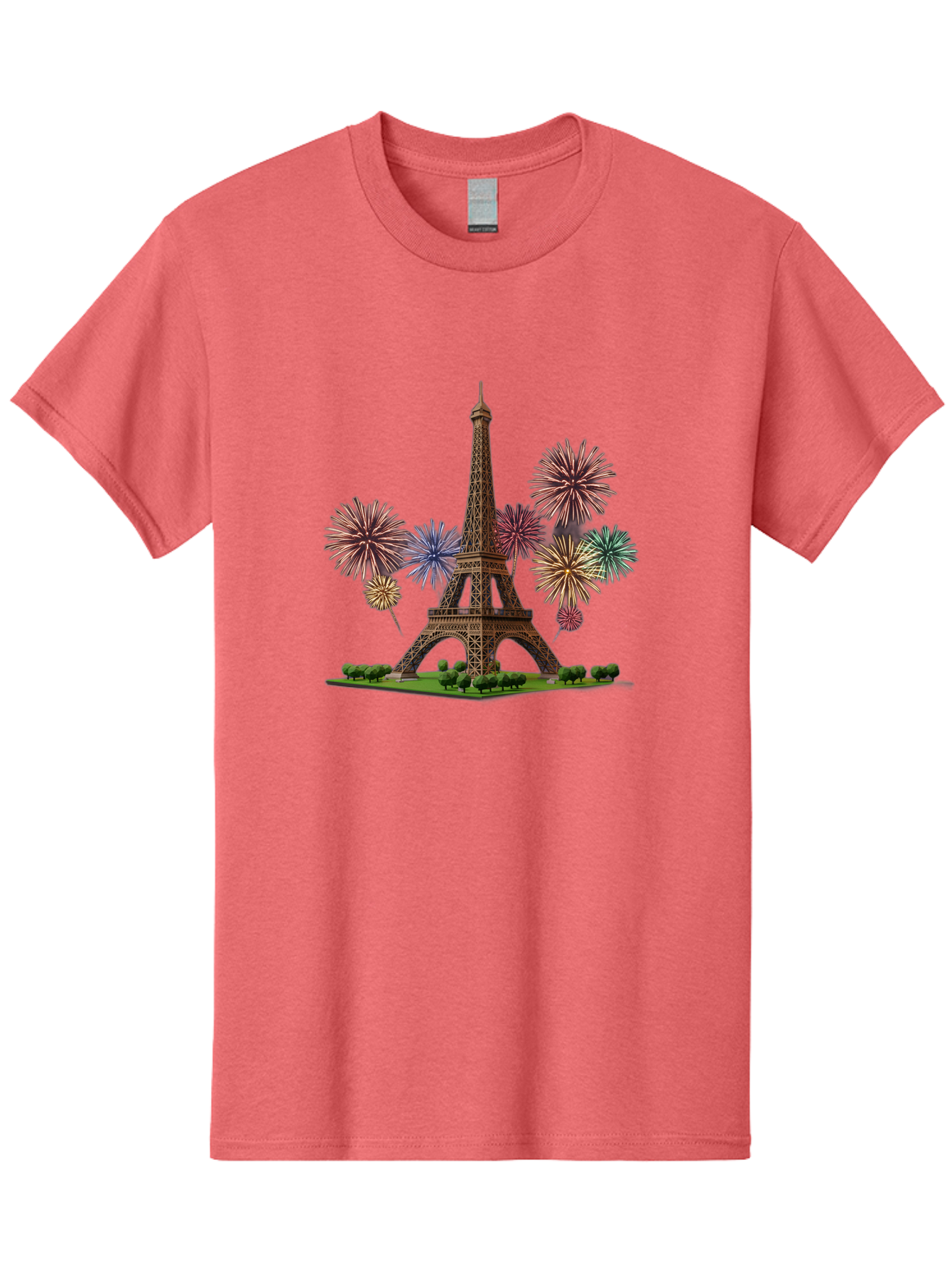 Eiffel-Tower-3 Men'S Graphic Tee, 100% Cotton, Comfortable Casual Summer Wear, Machine Washable, Eiffel Tower With Fireworks, French Landmark, Festive Atmosphere, Vibrant Colors, Celebration, Parisian Scenery, Iron Latticework Bad070