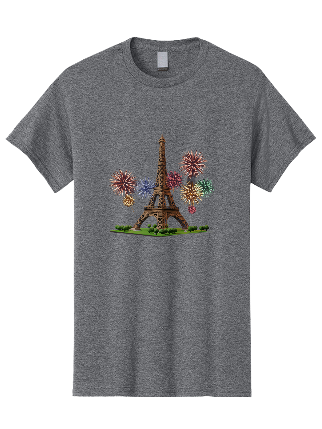 Eiffel-Tower-3 Men'S Graphic Tee, 100% Cotton, Comfortable Casual Summer Wear, Machine Washable, Eiffel Tower With Fireworks, French Landmark, Festive Atmosphere, Vibrant Colors, Celebration, Parisian Scenery, Iron Latticework Bad070