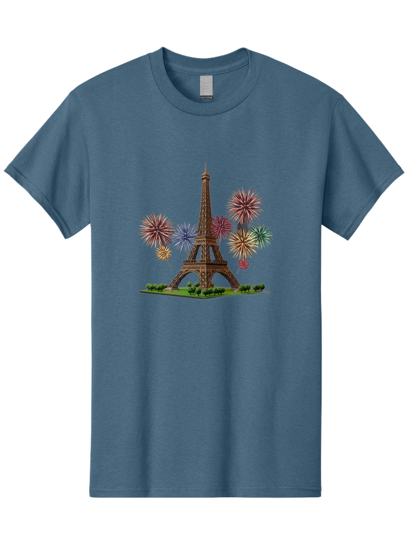 Eiffel-Tower-3 Men'S Graphic Tee, 100% Cotton, Comfortable Casual Summer Wear, Machine Washable, Eiffel Tower With Fireworks, French Landmark, Festive Atmosphere, Vibrant Colors, Celebration, Parisian Scenery, Iron Latticework Bad070