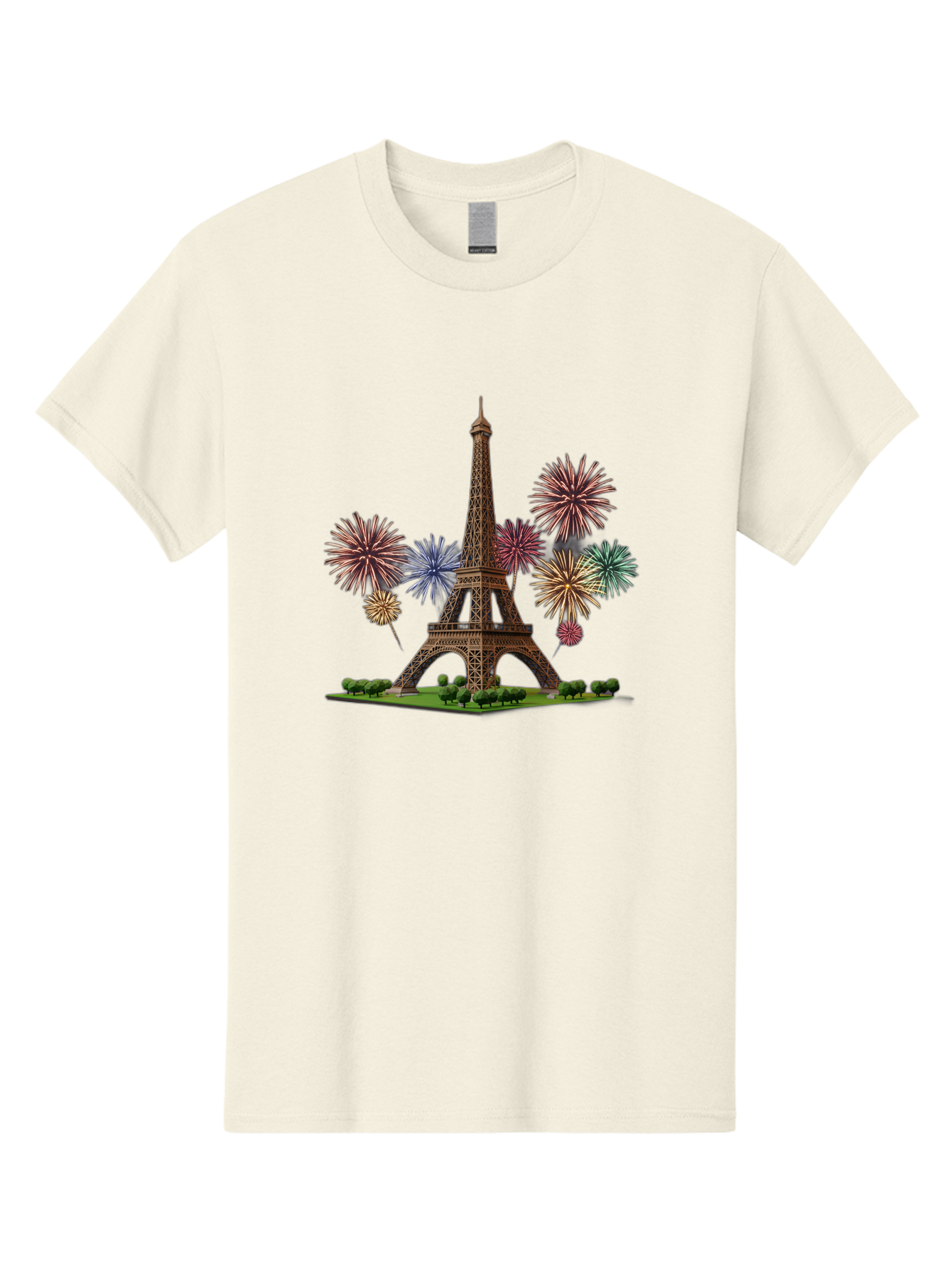 Eiffel-Tower-3 Men'S Graphic Tee, 100% Cotton, Comfortable Casual Summer Wear, Machine Washable, Eiffel Tower With Fireworks, French Landmark, Festive Atmosphere, Vibrant Colors, Celebration, Parisian Scenery, Iron Latticework Bad070