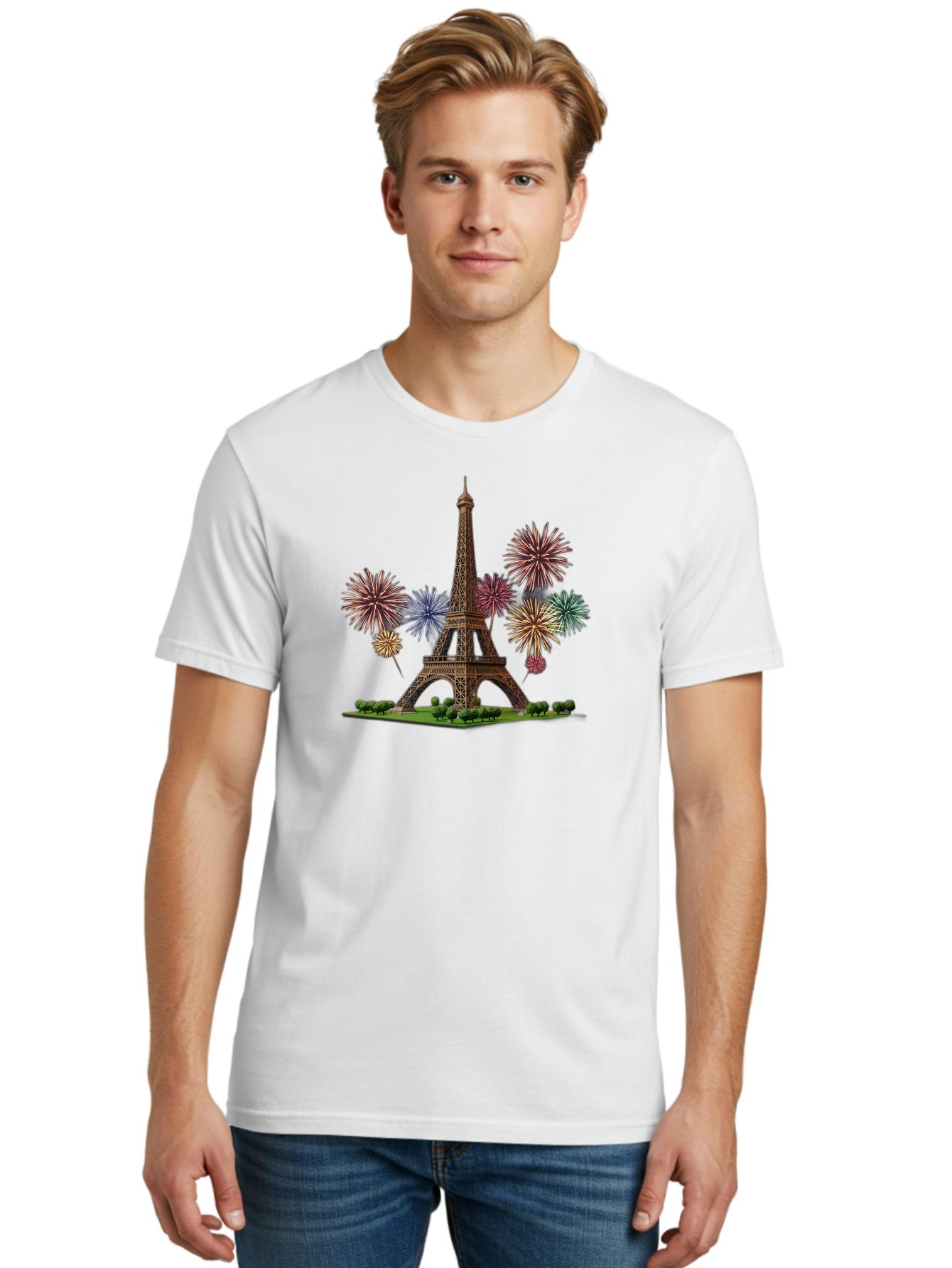 Eiffel-Tower-3 Men'S Graphic Tee, 100% Cotton, Comfortable Casual Summer Wear, Machine Washable, Eiffel Tower With Fireworks, French Landmark, Festive Atmosphere, Vibrant Colors, Celebration, Parisian Scenery, Iron Latticework Bad070