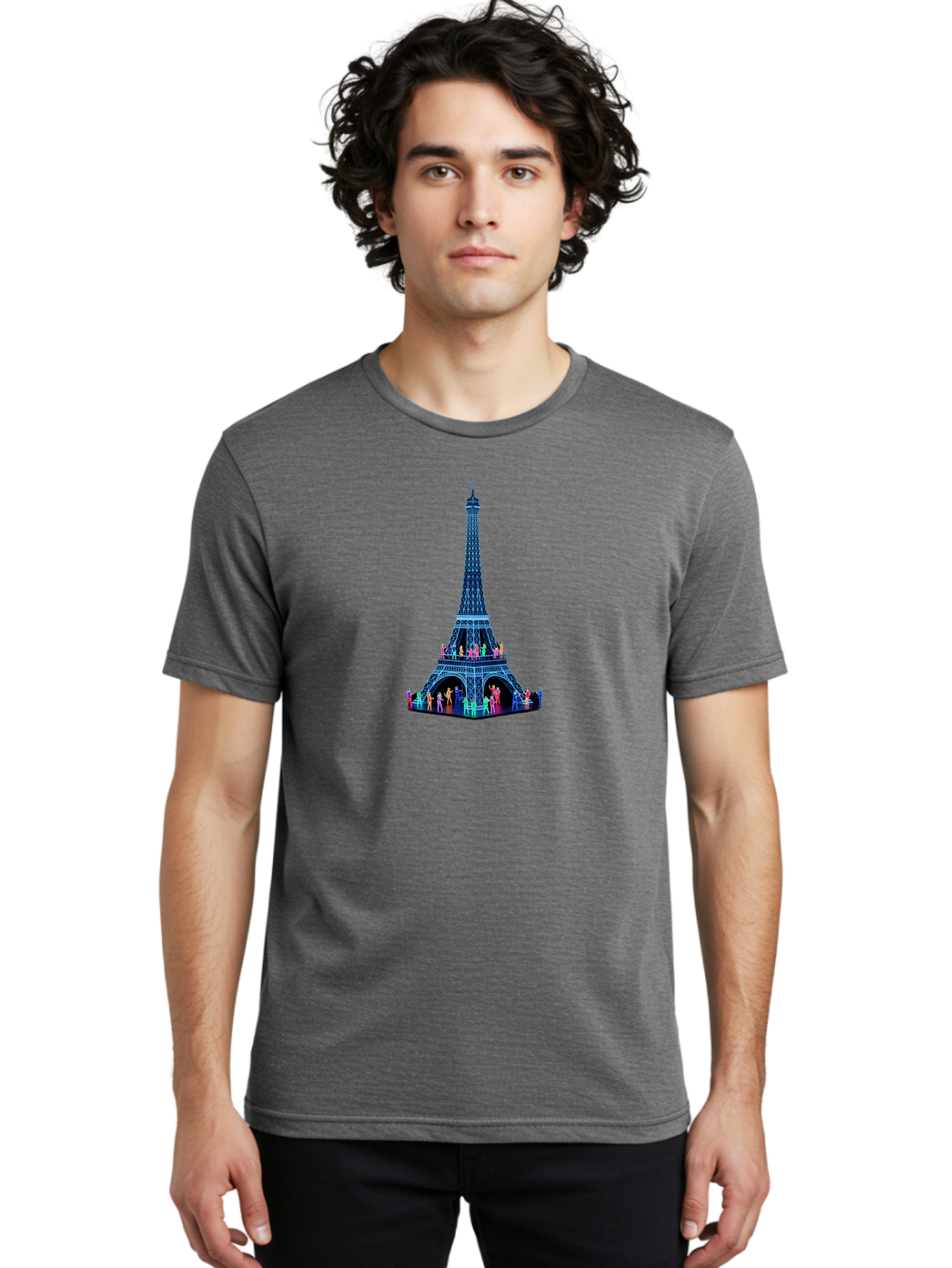 Eiffel-Tower-5 Men'S Graphic Tee, 100% Cotton, Comfortable Casual Summer Wear, Machine Washable, Eiffel Tower Landmark, Paris Tourism, Iron Lattice Structure, Tourist Attraction, Famous Monument, Vibrant Colors, People Visiting, Cultural Icon, Bad072