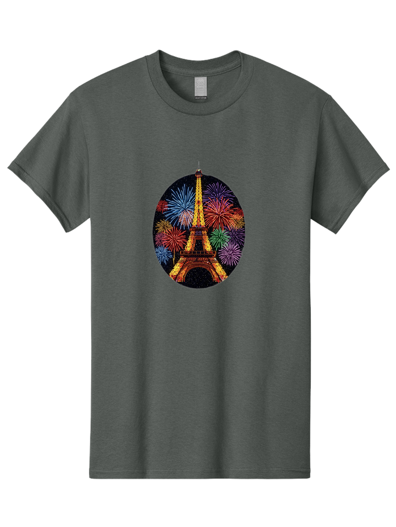 Eiffel-Tower-6 Men'S Graphic Tee, 100% Cotton, Comfortable Casual Summer Wear, Machine Washable, Eiffel Tower At Night, Fireworks Display, Festive Atmosphere, Parisian Landmark, Celebratory Scene, Colorful Explosion, Romantic Getaway, Bad073