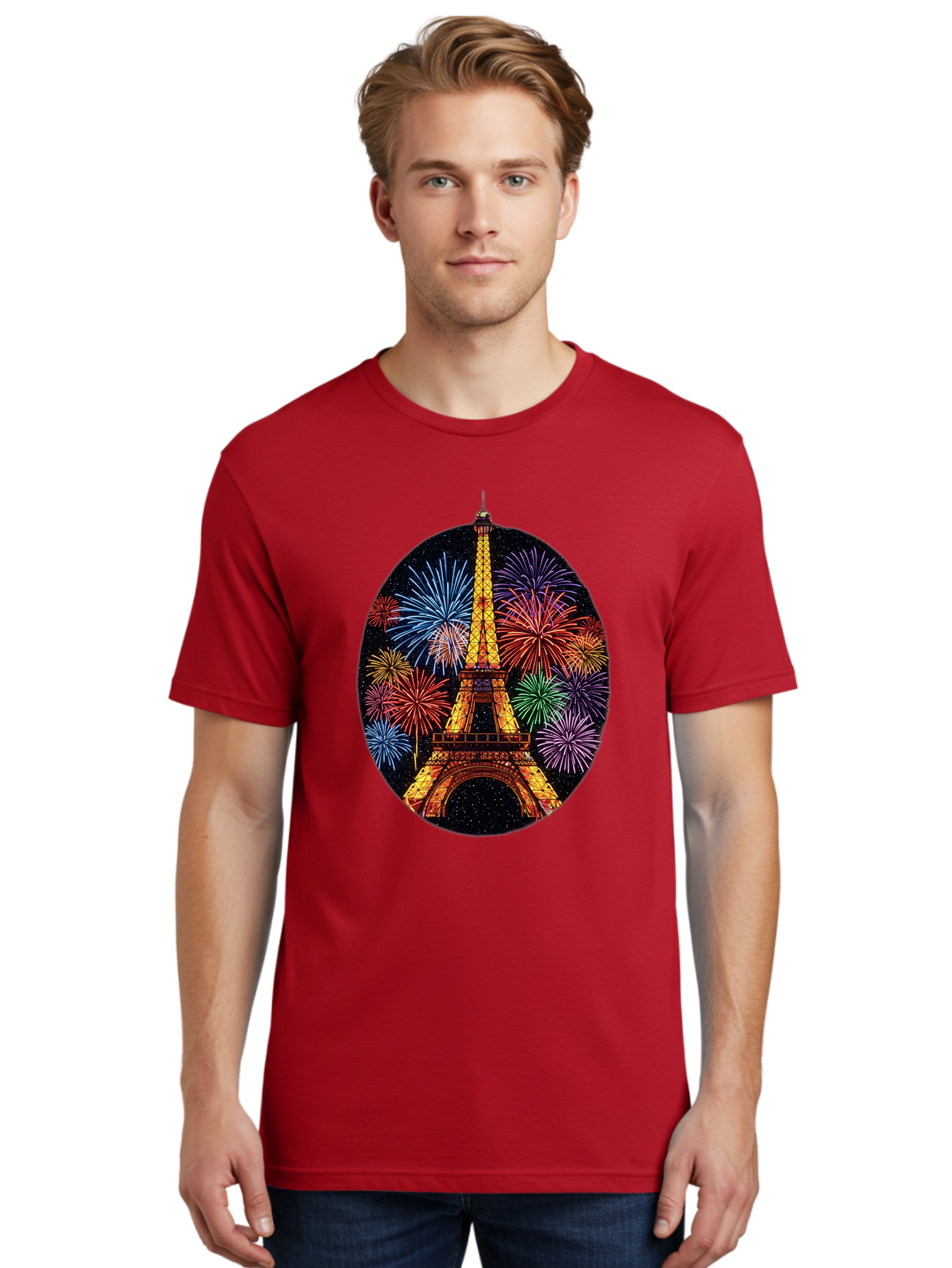 Eiffel-Tower-6 Men'S Graphic Tee, 100% Cotton, Comfortable Casual Summer Wear, Machine Washable, Eiffel Tower At Night, Fireworks Display, Festive Atmosphere, Parisian Landmark, Celebratory Scene, Colorful Explosion, Romantic Getaway, Bad073