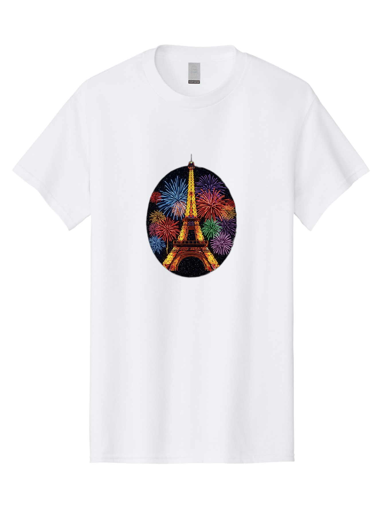 Eiffel-Tower-6 Men'S Graphic Tee, 100% Cotton, Comfortable Casual Summer Wear, Machine Washable, Eiffel Tower At Night, Fireworks Display, Festive Atmosphere, Parisian Landmark, Celebratory Scene, Colorful Explosion, Romantic Getaway, Bad073