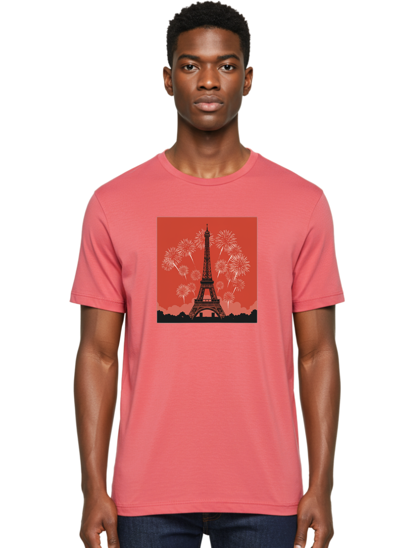 Eiffel-Tower-Fireworks Men'S Graphic Tee, 100% Cotton, Comfortable Casual Summer Wear, Machine Washable, Eiffel Tower, Fireworks Display, Celebration, Festive Atmosphere, Paris Landmarks, French Culture, Fireworks Explosion, Romantic Getaway, Bad075