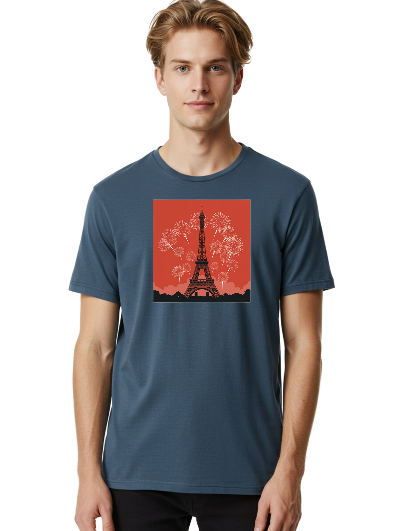 Eiffel-Tower-Fireworks Men'S Graphic Tee, 100% Cotton, Comfortable Casual Summer Wear, Machine Washable, Eiffel Tower, Fireworks Display, Celebration, Festive Atmosphere, Paris Landmarks, French Culture, Fireworks Explosion, Romantic Getaway, Bad075