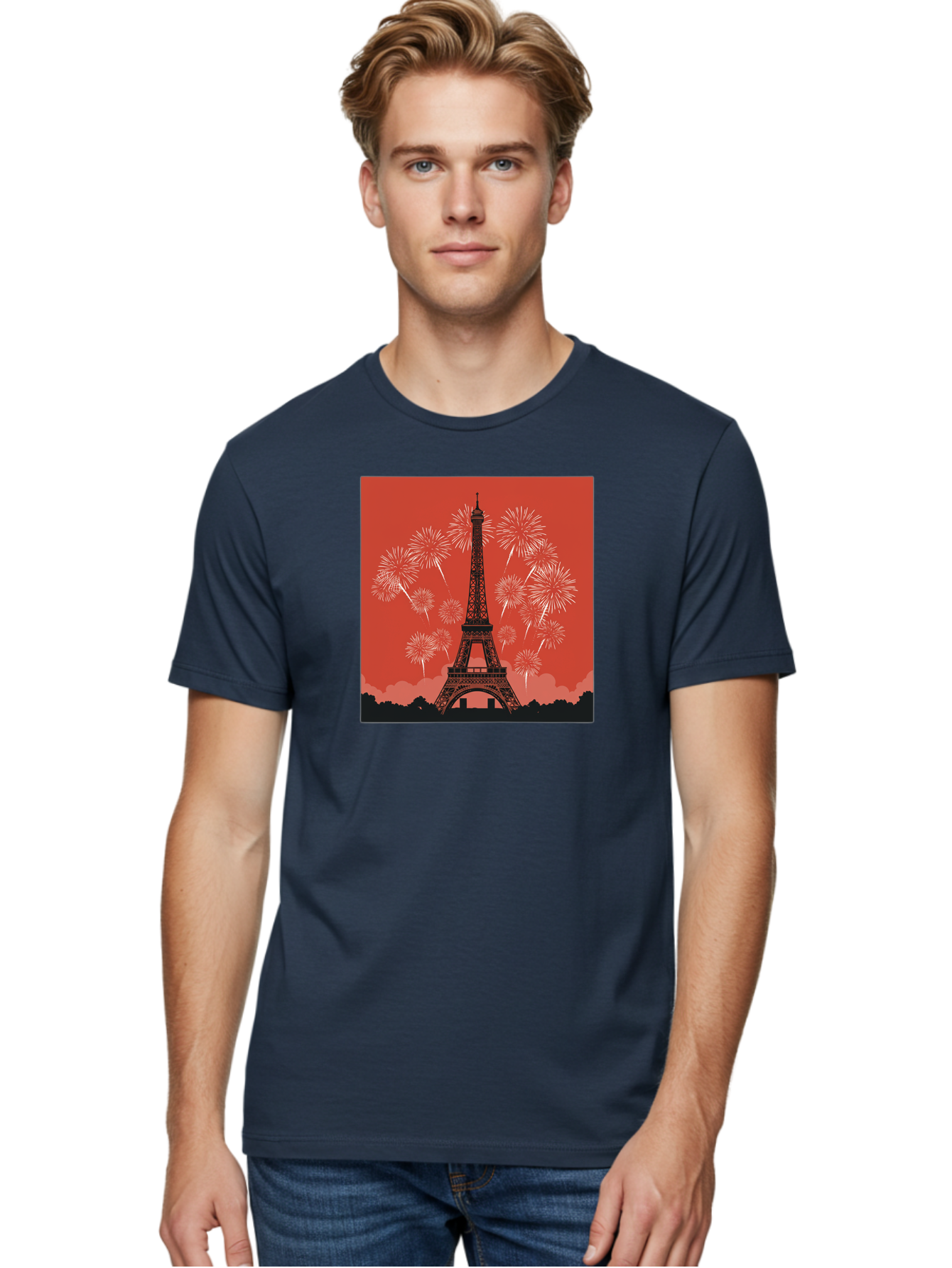 Eiffel-Tower-Fireworks Men'S Graphic Tee, 100% Cotton, Comfortable Casual Summer Wear, Machine Washable, Eiffel Tower, Fireworks Display, Celebration, Festive Atmosphere, Paris Landmarks, French Culture, Fireworks Explosion, Romantic Getaway, Bad075