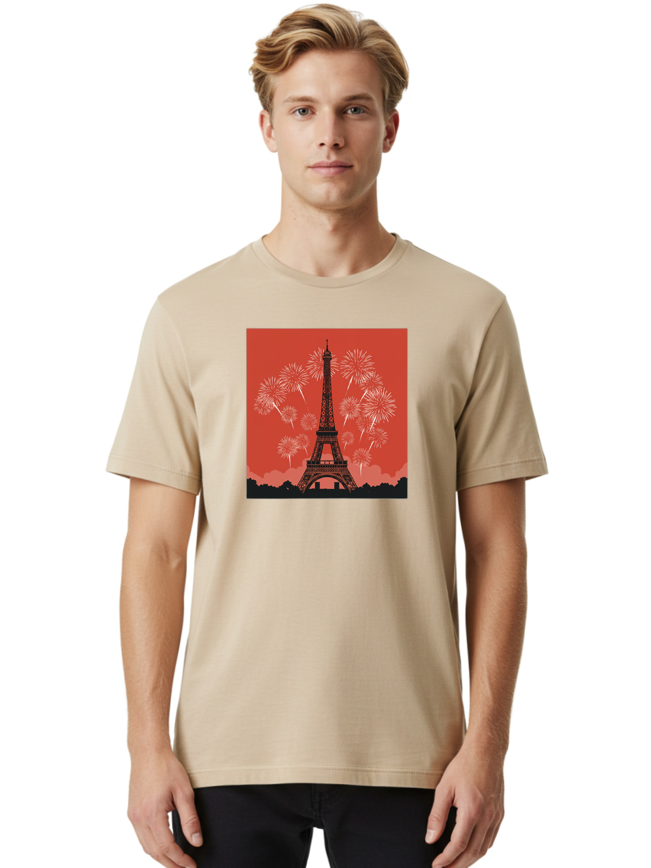 Eiffel-Tower-Fireworks Men'S Graphic Tee, 100% Cotton, Comfortable Casual Summer Wear, Machine Washable, Eiffel Tower, Fireworks Display, Celebration, Festive Atmosphere, Paris Landmarks, French Culture, Fireworks Explosion, Romantic Getaway, Bad075