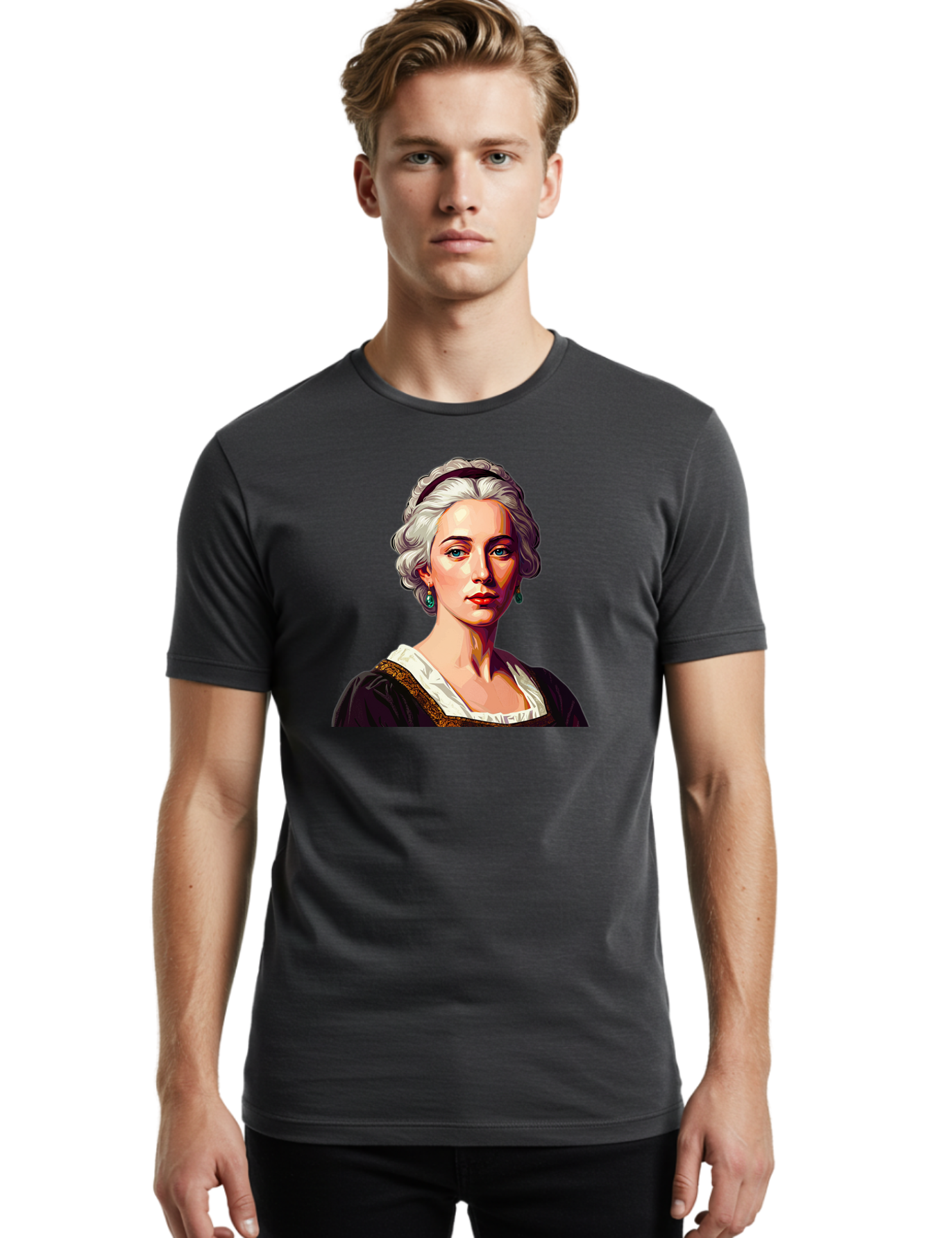 Elizabeth-Cady-Stanton Men'S Graphic Tee, 100% Cotton, Comfortable Casual Summer Wear, Machine Washable, Woman With White Hair, Blue Eyes, Red Lips, Elegant Earrings, Vintage Clothing, Gold Trim, Historical Figure, Feminine Style, Bad077