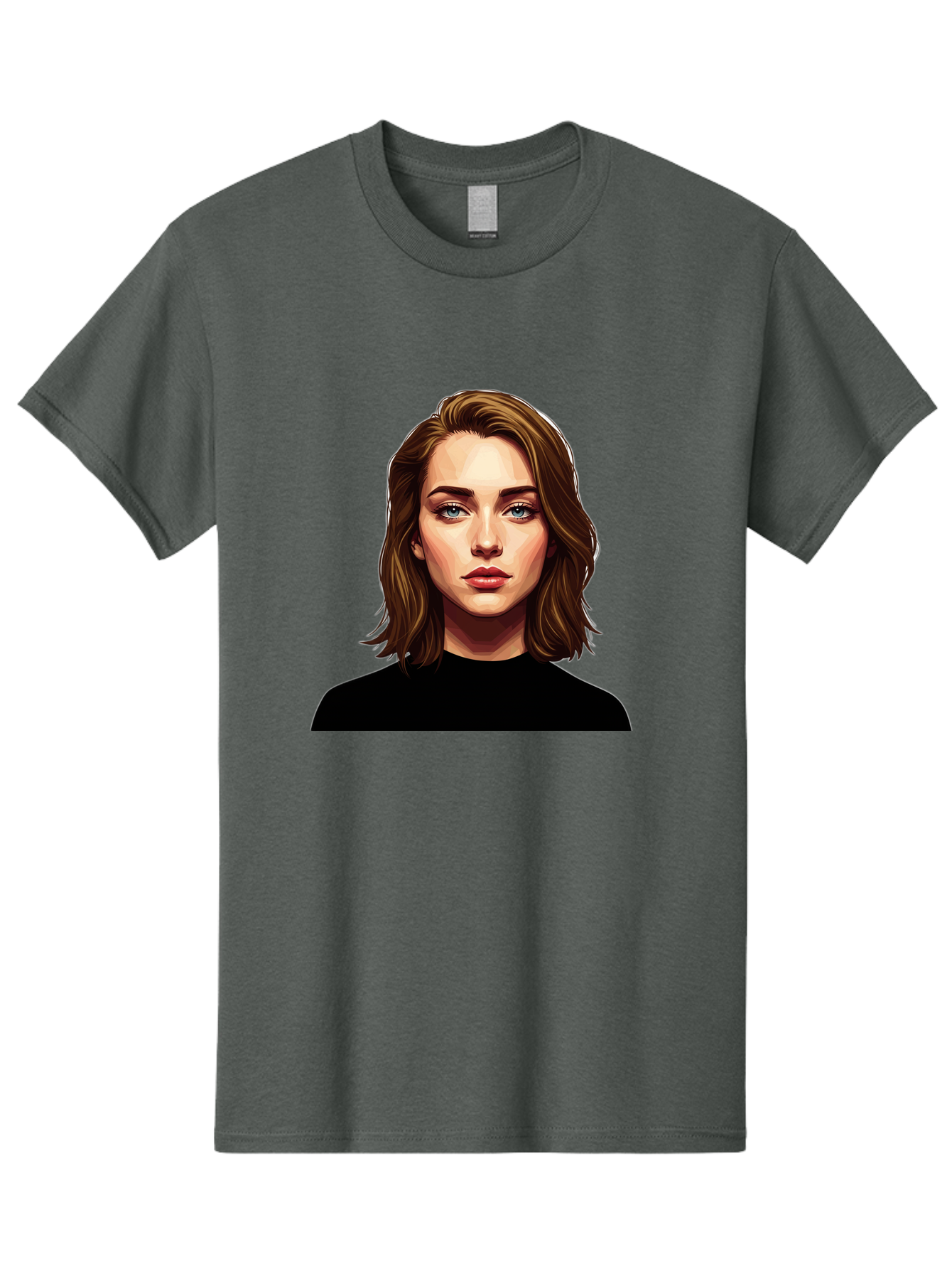 Emma-Stone Men'S Graphic Tee, 100% Cotton, Comfortable Casual Summer Wear, Machine Washable, Cartoon-Style Portrait, Emma Stone, Blue Eyes, Brown Hair, Black Shirt, Realistic Illustration, Digital Art, Female Celebrity Bad078