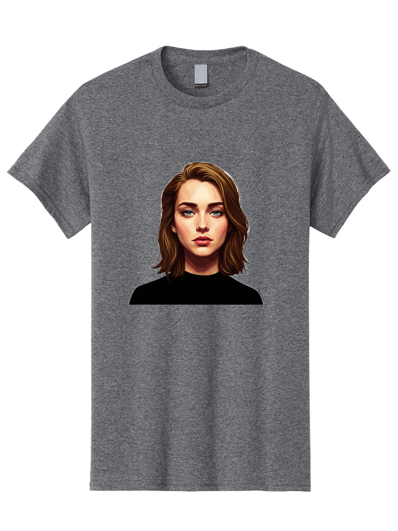 Emma-Stone Men'S Graphic Tee, 100% Cotton, Comfortable Casual Summer Wear, Machine Washable, Cartoon-Style Portrait, Emma Stone, Blue Eyes, Brown Hair, Black Shirt, Realistic Illustration, Digital Art, Female Celebrity Bad078