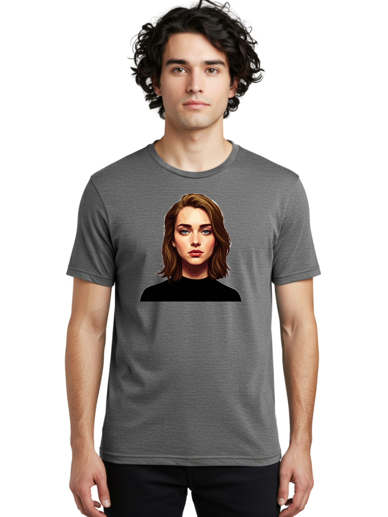 Emma-Stone Men'S Graphic Tee, 100% Cotton, Comfortable Casual Summer Wear, Machine Washable, Cartoon-Style Portrait, Emma Stone, Blue Eyes, Brown Hair, Black Shirt, Realistic Illustration, Digital Art, Female Celebrity Bad078
