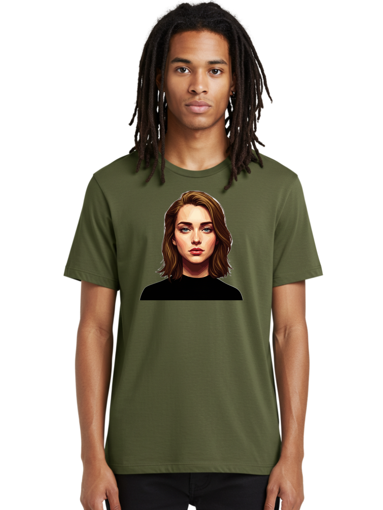 Emma-Stone Men'S Graphic Tee, 100% Cotton, Comfortable Casual Summer Wear, Machine Washable, Cartoon-Style Portrait, Emma Stone, Blue Eyes, Brown Hair, Black Shirt, Realistic Illustration, Digital Art, Female Celebrity Bad078