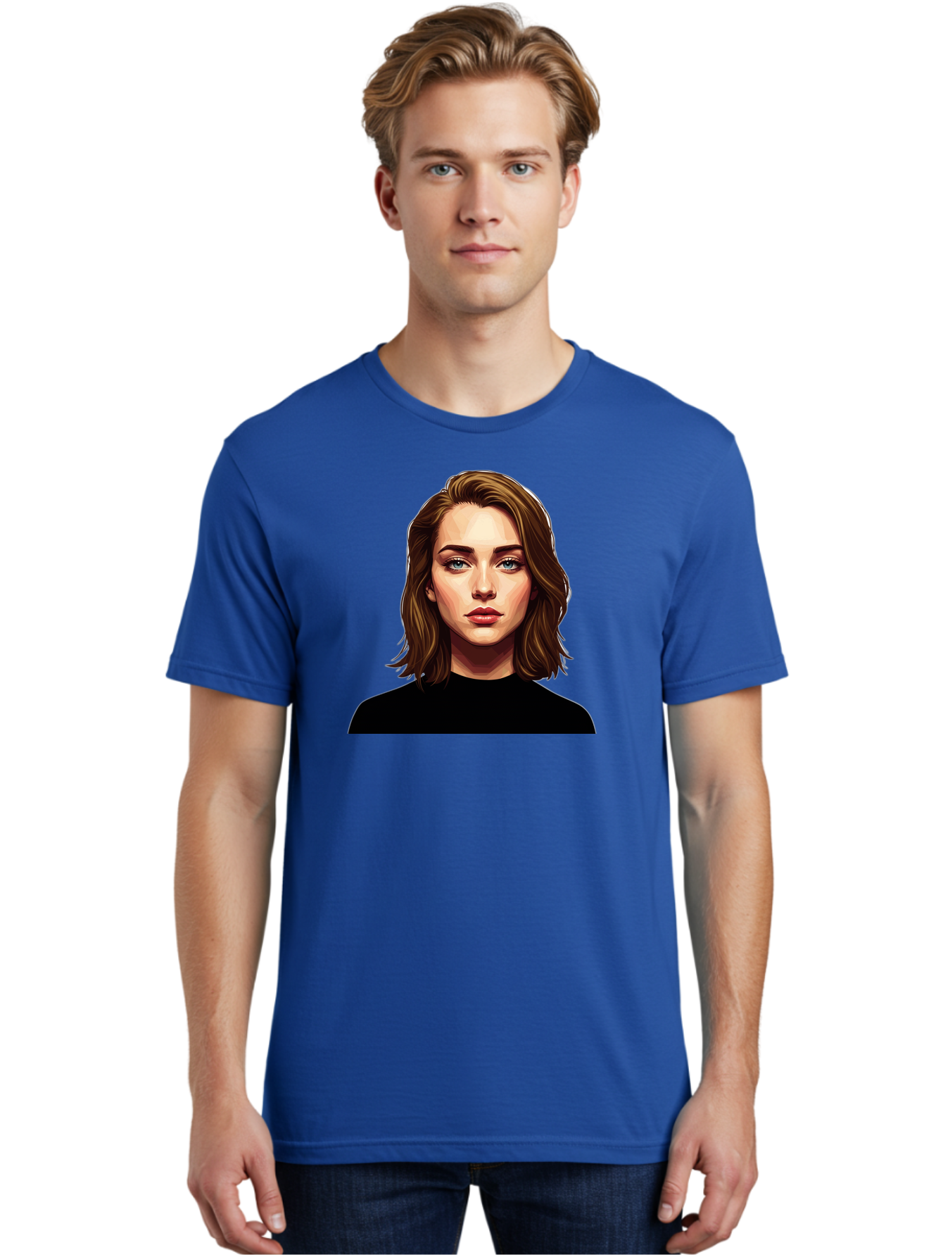Emma-Stone Men'S Graphic Tee, 100% Cotton, Comfortable Casual Summer Wear, Machine Washable, Cartoon-Style Portrait, Emma Stone, Blue Eyes, Brown Hair, Black Shirt, Realistic Illustration, Digital Art, Female Celebrity Bad078