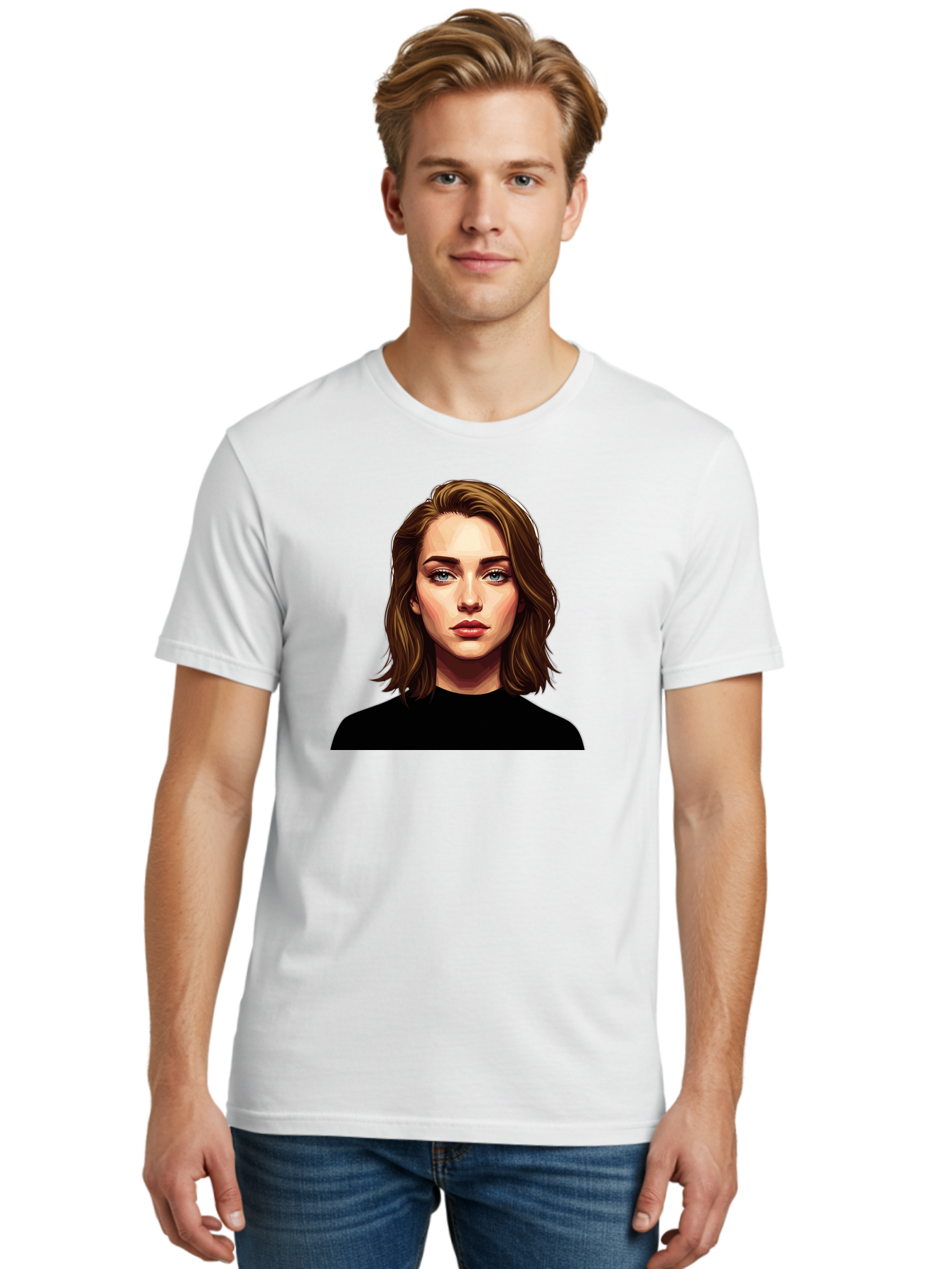 Emma-Stone Men'S Graphic Tee, 100% Cotton, Comfortable Casual Summer Wear, Machine Washable, Cartoon-Style Portrait, Emma Stone, Blue Eyes, Brown Hair, Black Shirt, Realistic Illustration, Digital Art, Female Celebrity Bad078