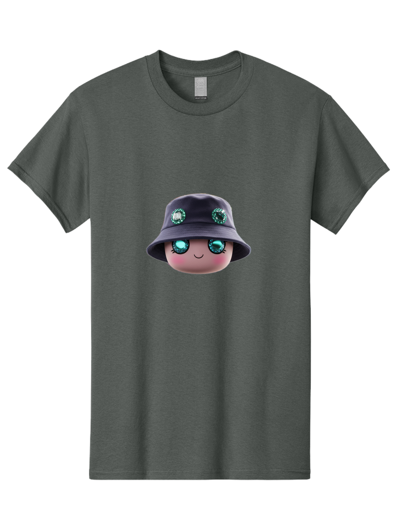 Emoji-Hat Men'S Graphic Tee, 100% Cotton, Comfortable Casual Summer Wear, Machine Washable, Cartoon Doll, Blue Eyes, Gem Eyes, Bucket Hat, Rhinestone Decorations, Cute Face, Sweet Smile, Rosy Cheeks, Whimsical Character, 3D Illustration Bad079