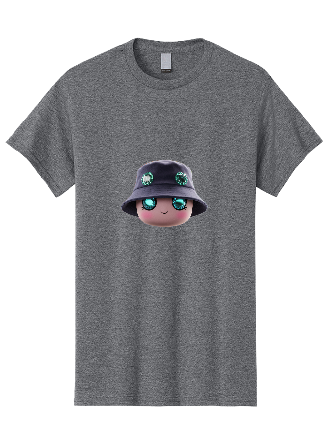 Emoji-Hat Men'S Graphic Tee, 100% Cotton, Comfortable Casual Summer Wear, Machine Washable, Cartoon Doll, Blue Eyes, Gem Eyes, Bucket Hat, Rhinestone Decorations, Cute Face, Sweet Smile, Rosy Cheeks, Whimsical Character, 3D Illustration Bad079